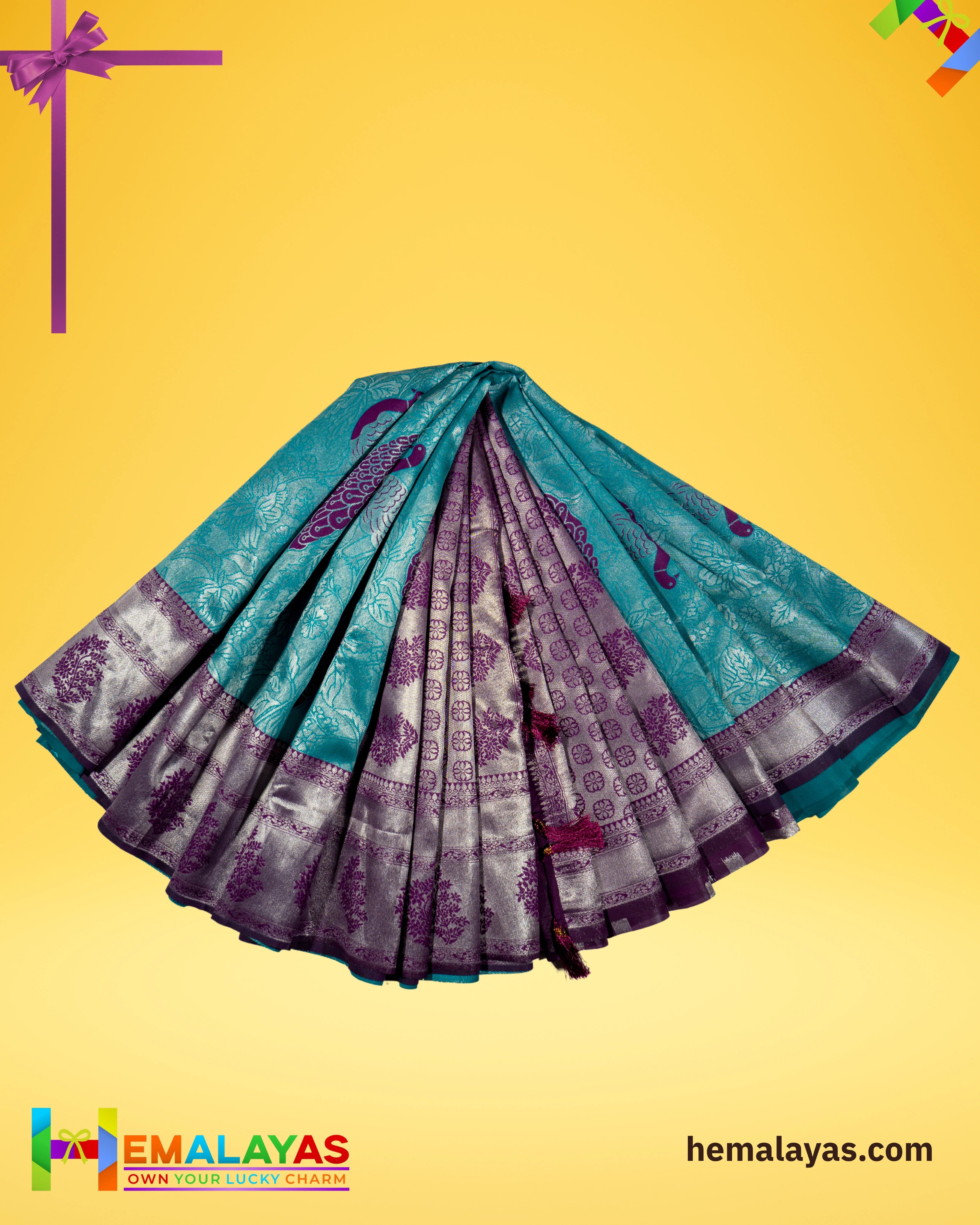 Aqua Blue and Royal Purple Kanchipuram Semi-Silk Saree