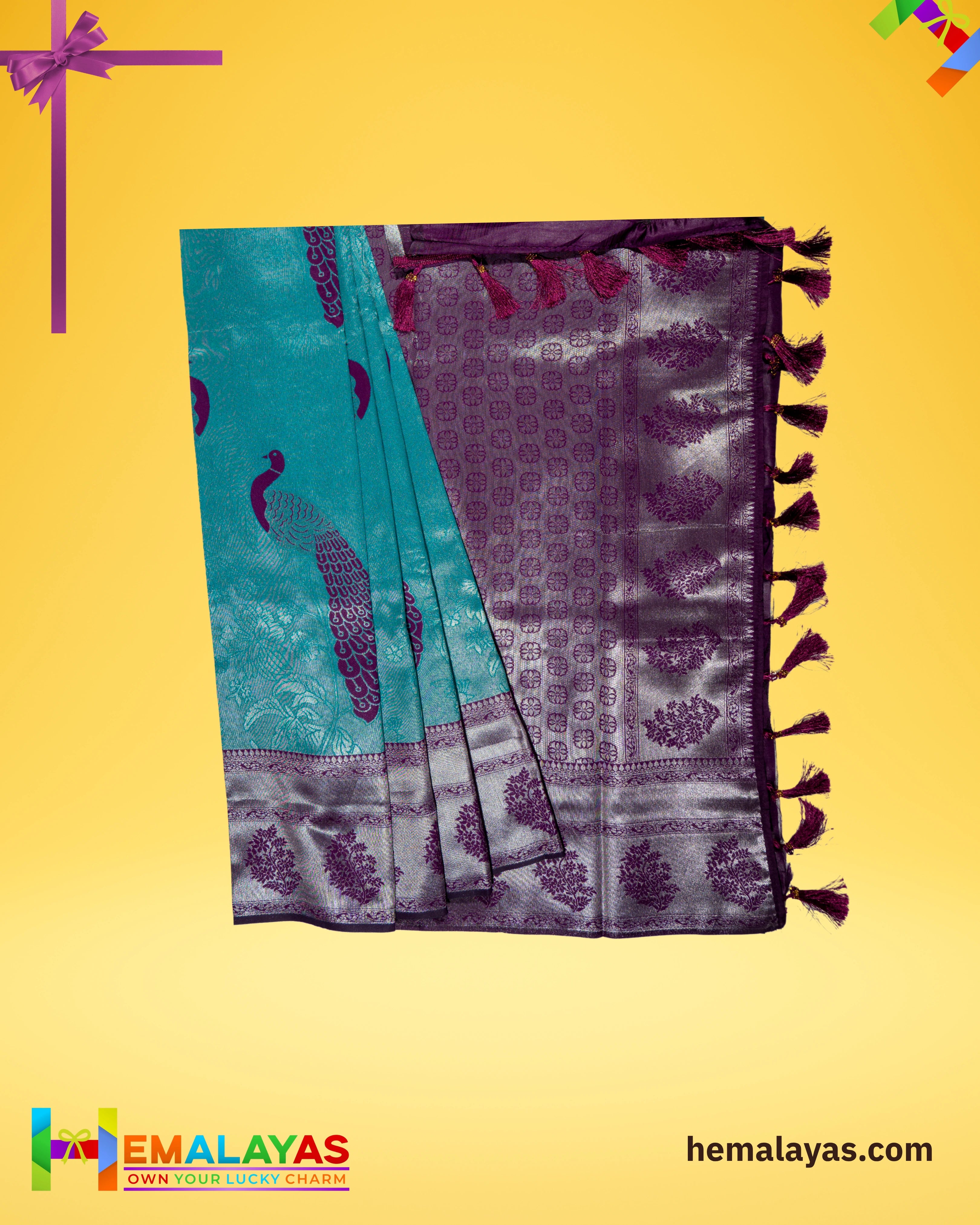 Aqua Blue and Royal Purple Kanchipuram Semi-Silk Saree