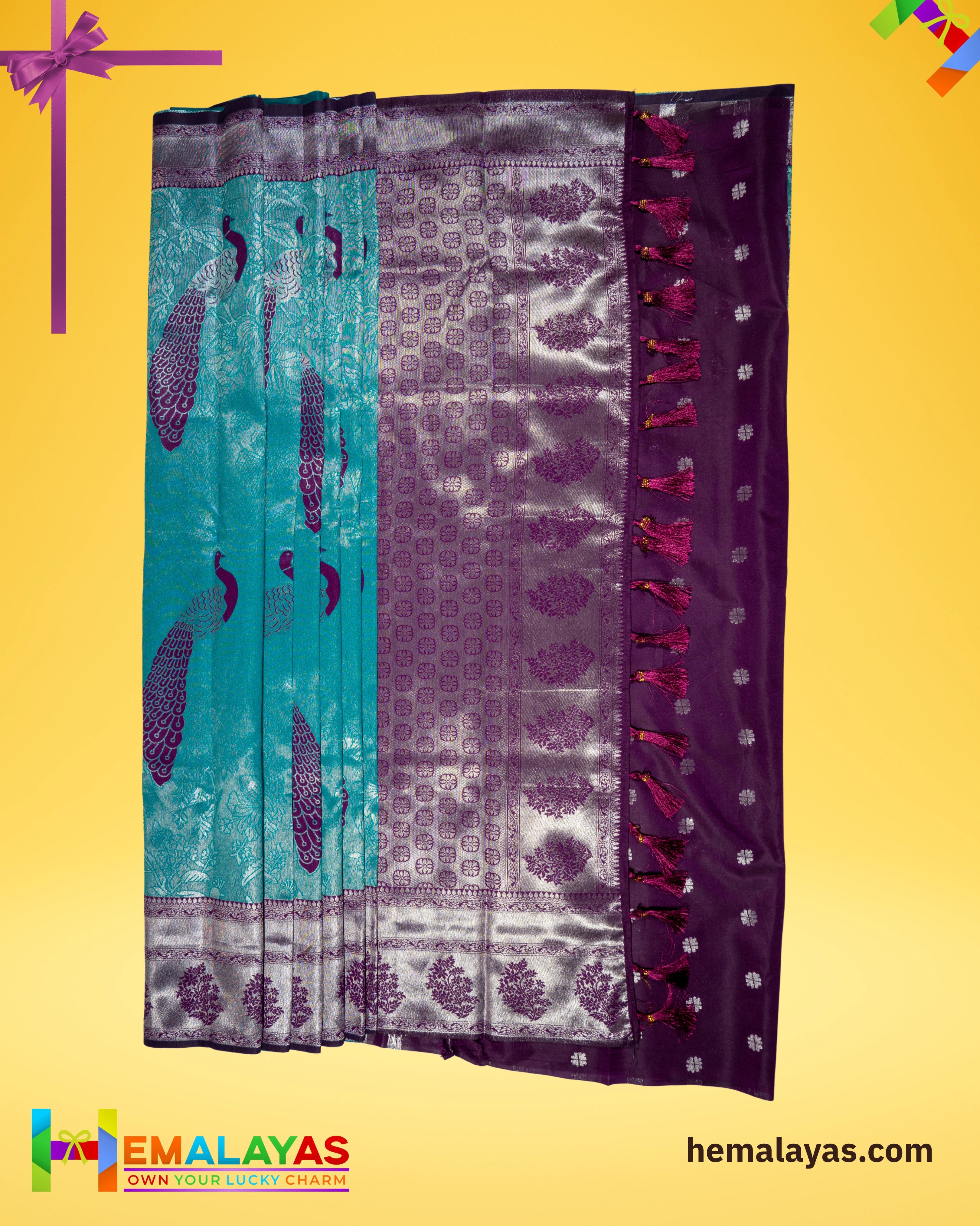 Aqua Blue and Royal Purple Kanchipuram Semi-Silk Saree