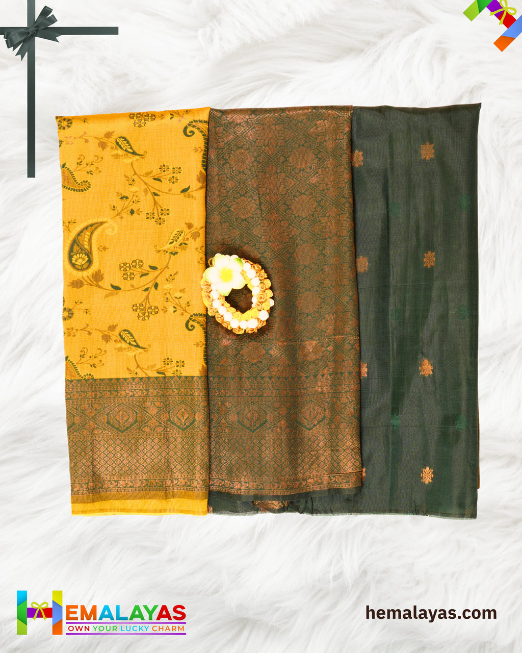 Mustard Yellow and Deep Green Kanchipuram Semi-Silk Saree