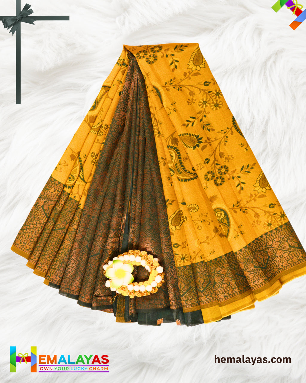 Mustard Yellow and Deep Green Kanchipuram Semi-Silk Saree