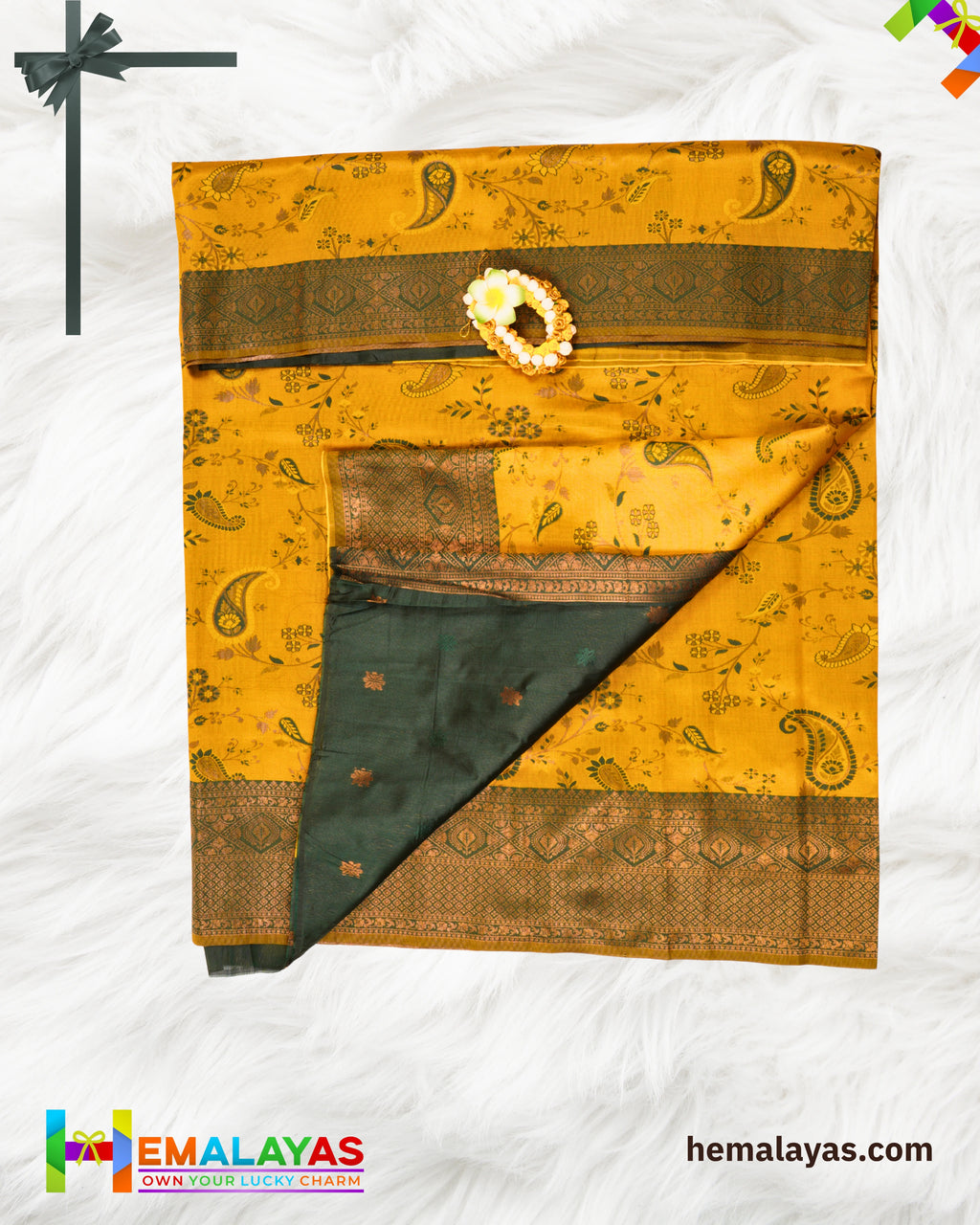 Mustard Yellow and Deep Green Kanchipuram Semi-Silk Saree