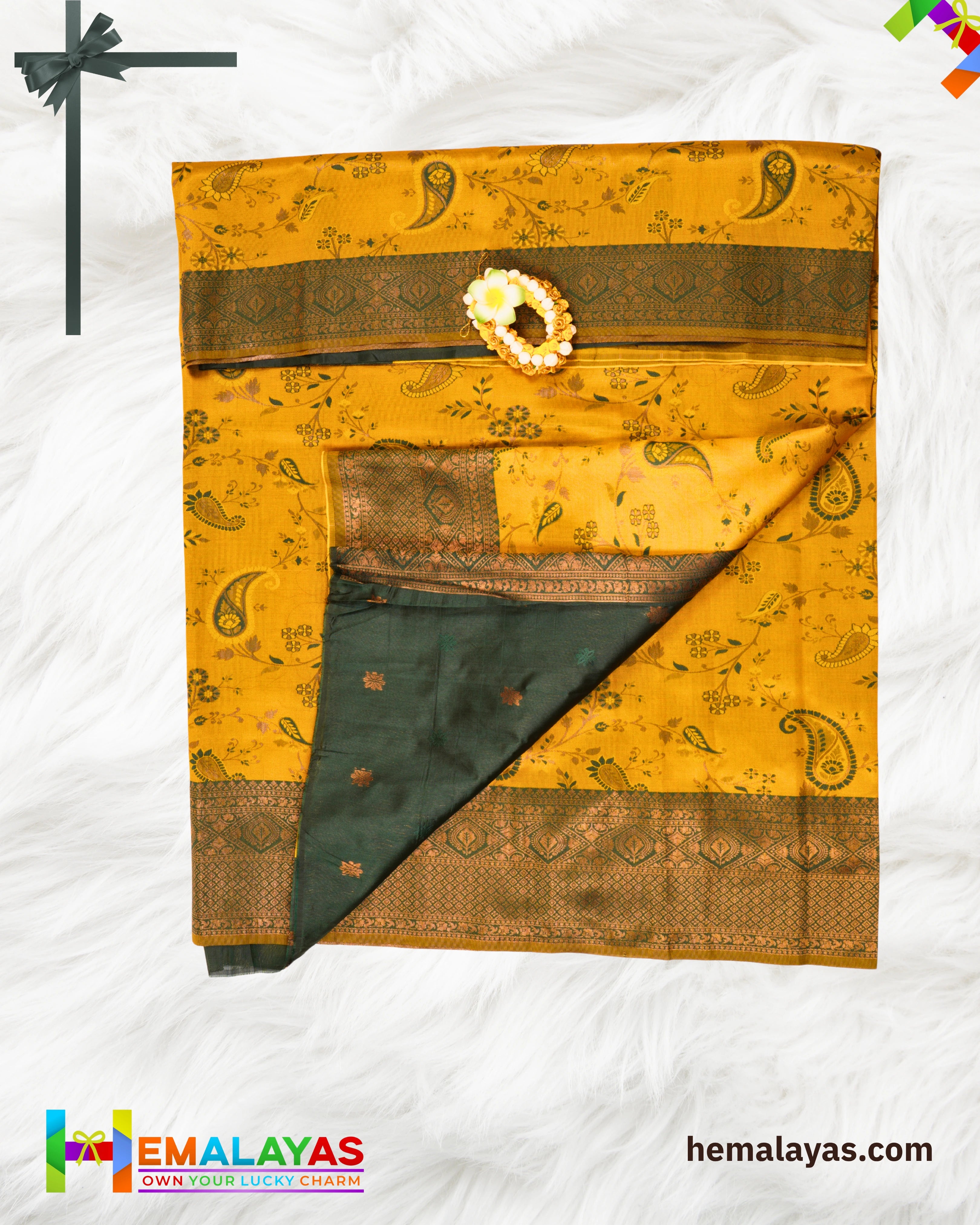 Mustard Yellow and Deep Green Kanchipuram Semi-Silk Saree
