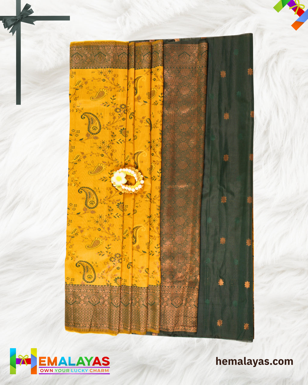Mustard Yellow and Deep Green Kanchipuram Semi-Silk Saree