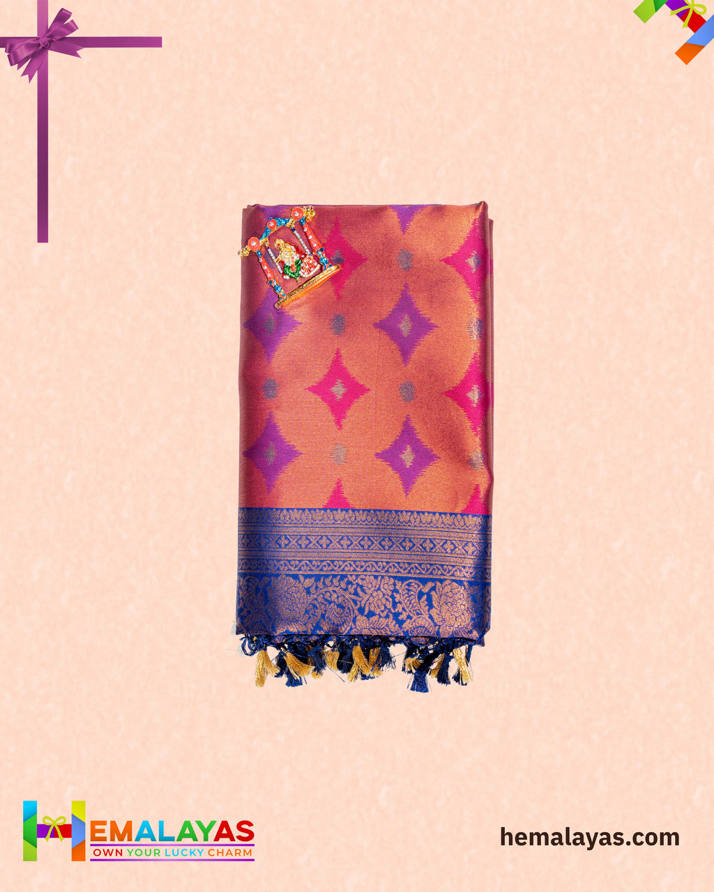 Rust Orange and Royal Blue Kanchipuram Semi-Silk Saree
