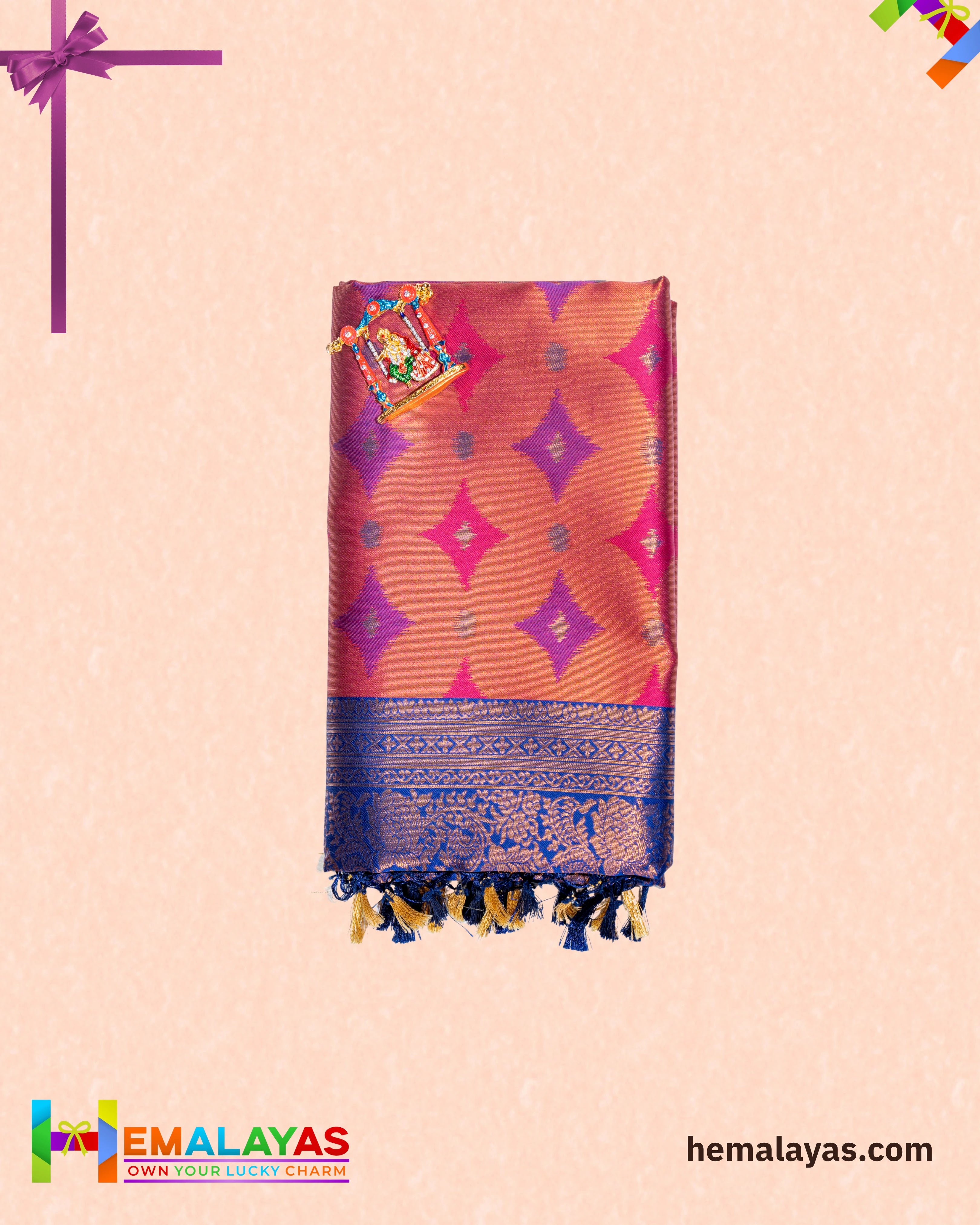Rust Orange and Royal Blue Kanchipuram Semi-Silk Saree