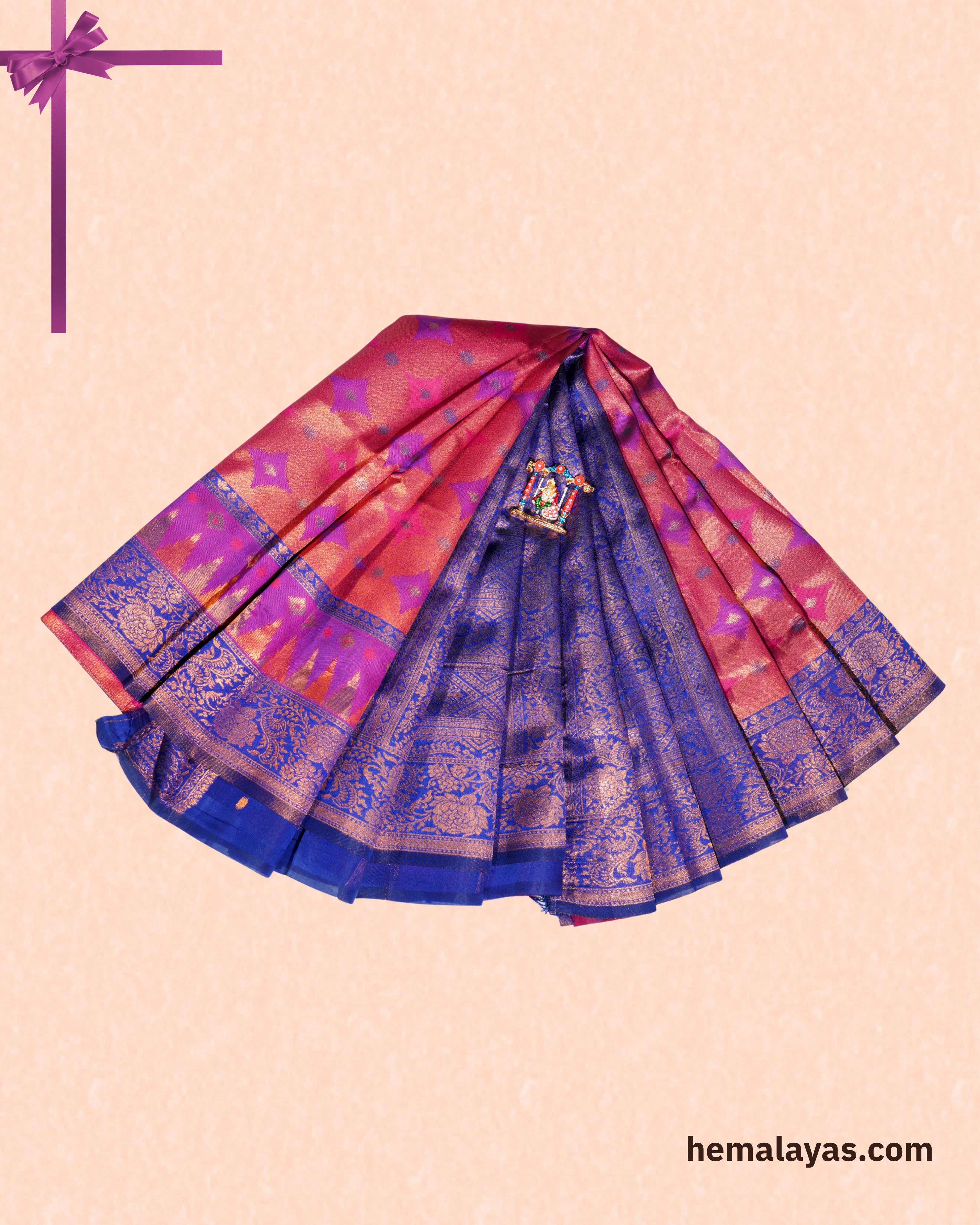 Rust Orange and Royal Blue Kanchipuram Semi-Silk Saree