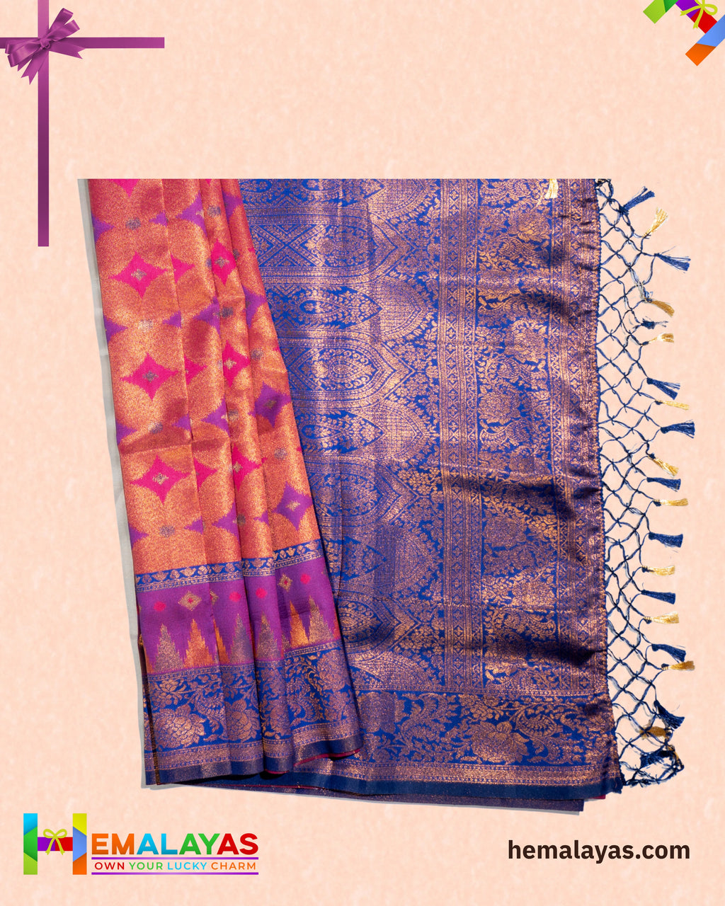 Rust Orange and Royal Blue Kanchipuram Semi-Silk Saree