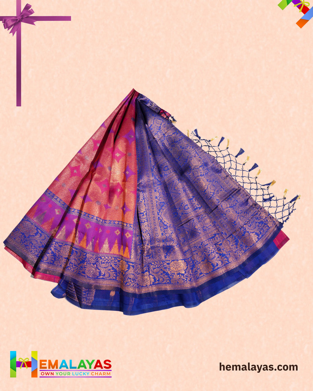 Rust Orange and Royal Blue Kanchipuram Semi-Silk Saree