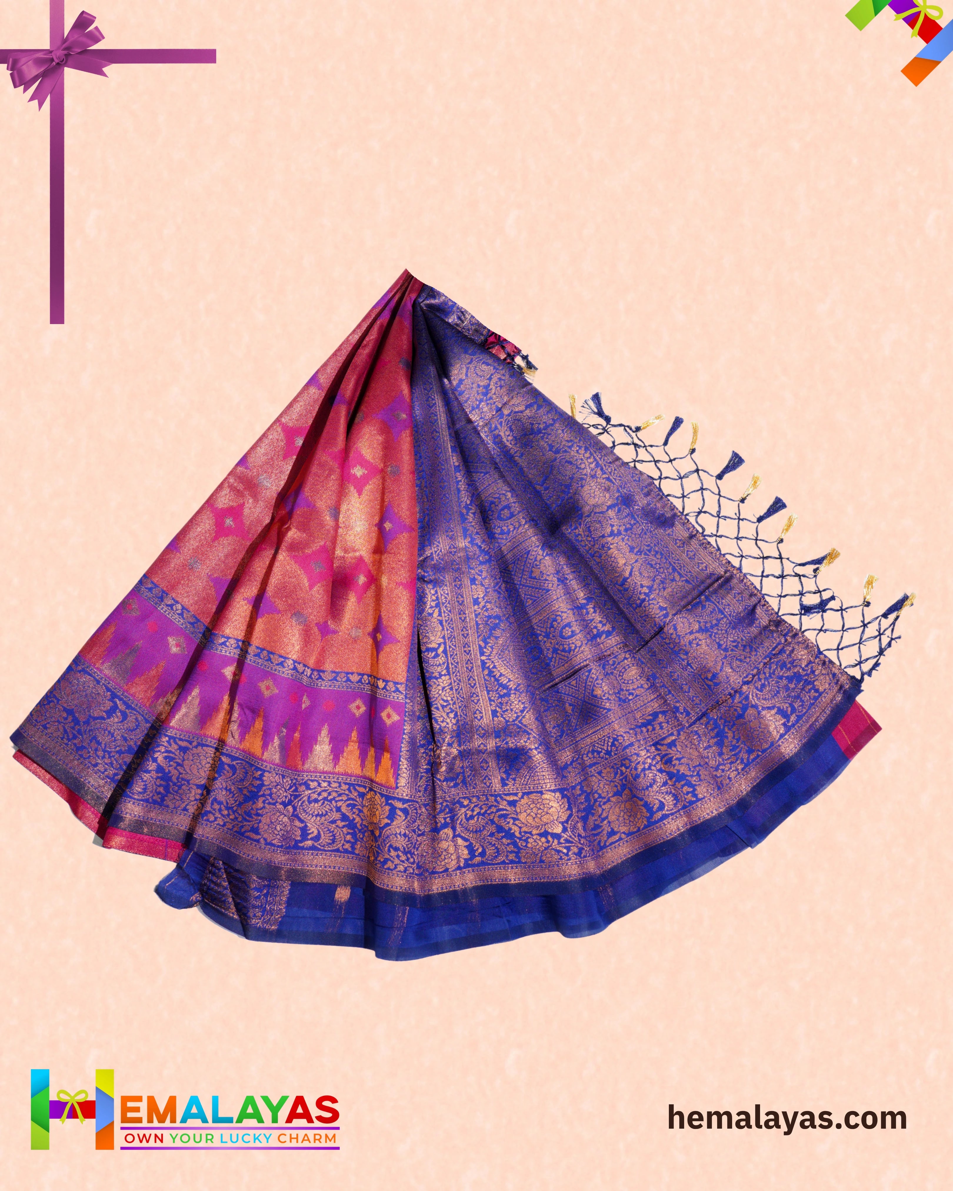 Rust Orange and Royal Blue Kanchipuram Semi-Silk Saree