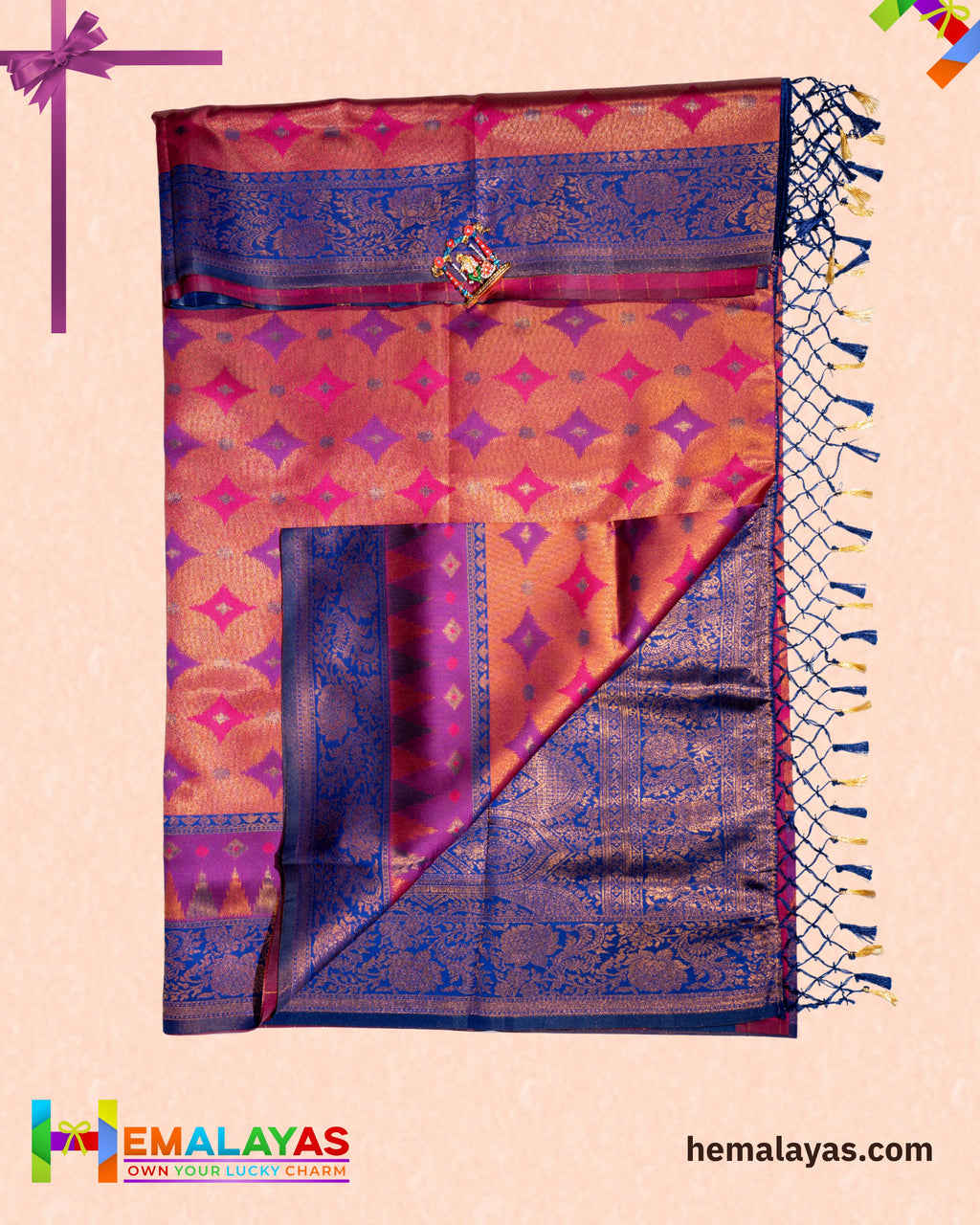 Rust Orange and Royal Blue Kanchipuram Semi-Silk Saree