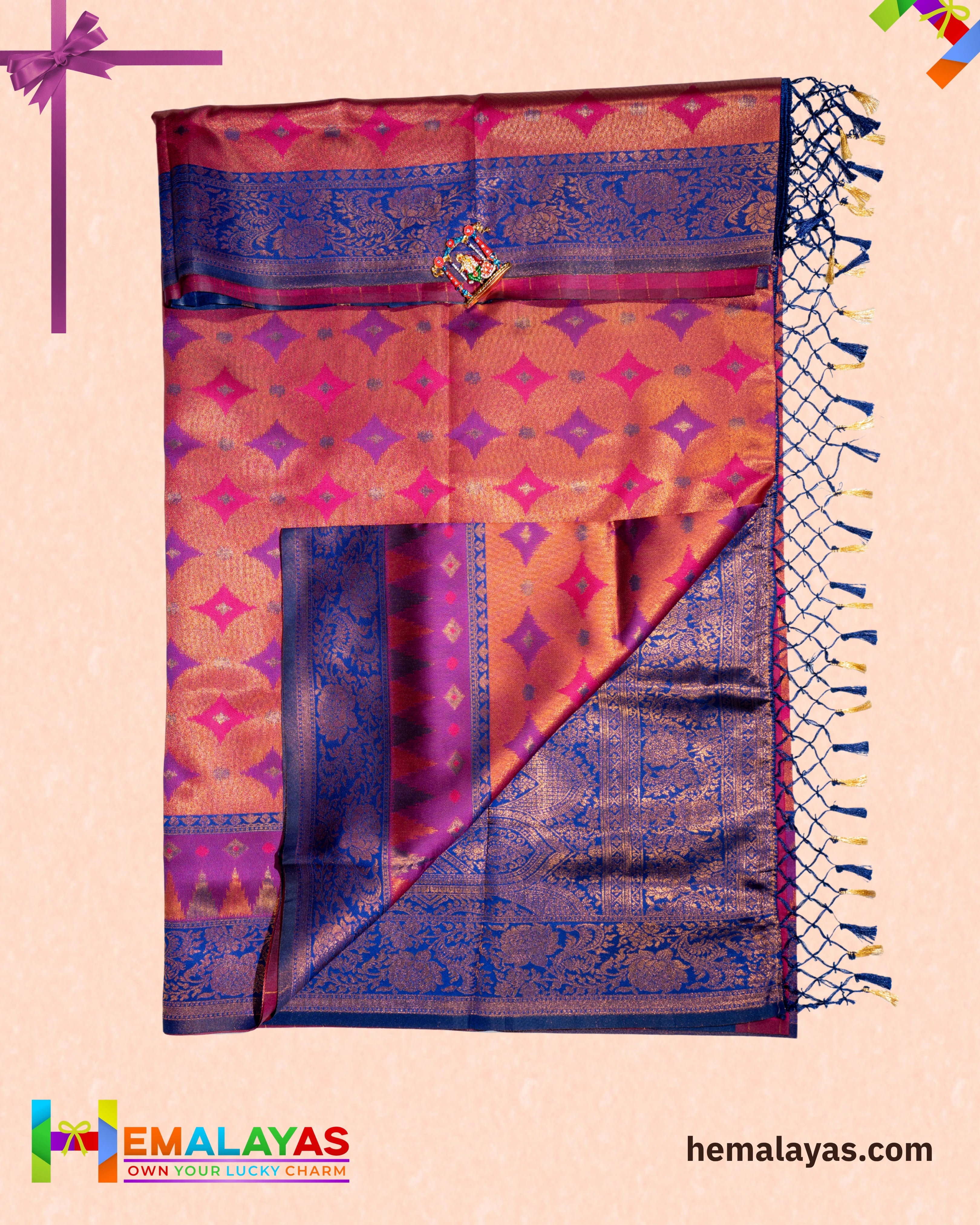 Rust Orange and Royal Blue Kanchipuram Semi-Silk Saree