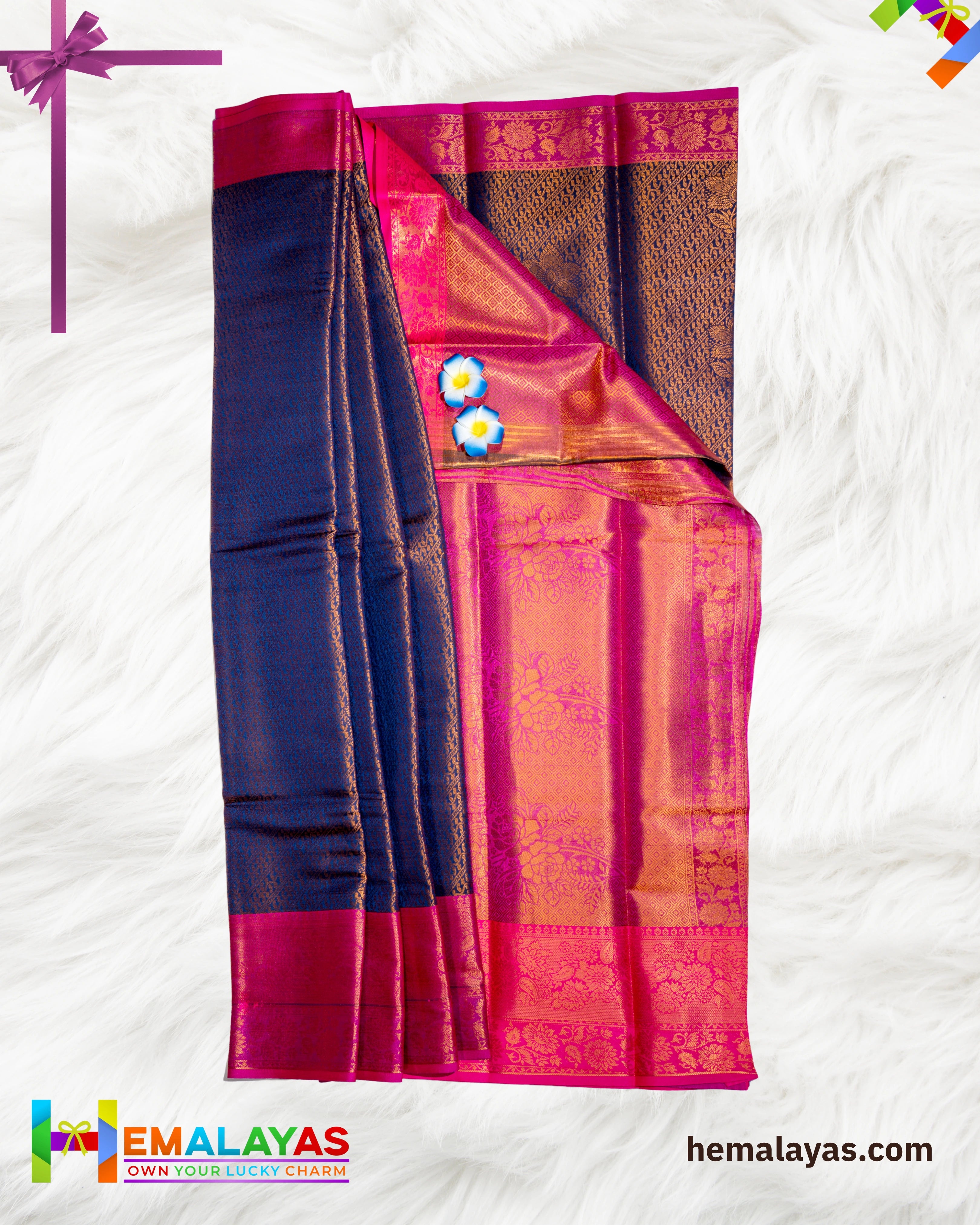 Royal Blue and Bright Pink Kanchi Mix Bridal Tissue Saree