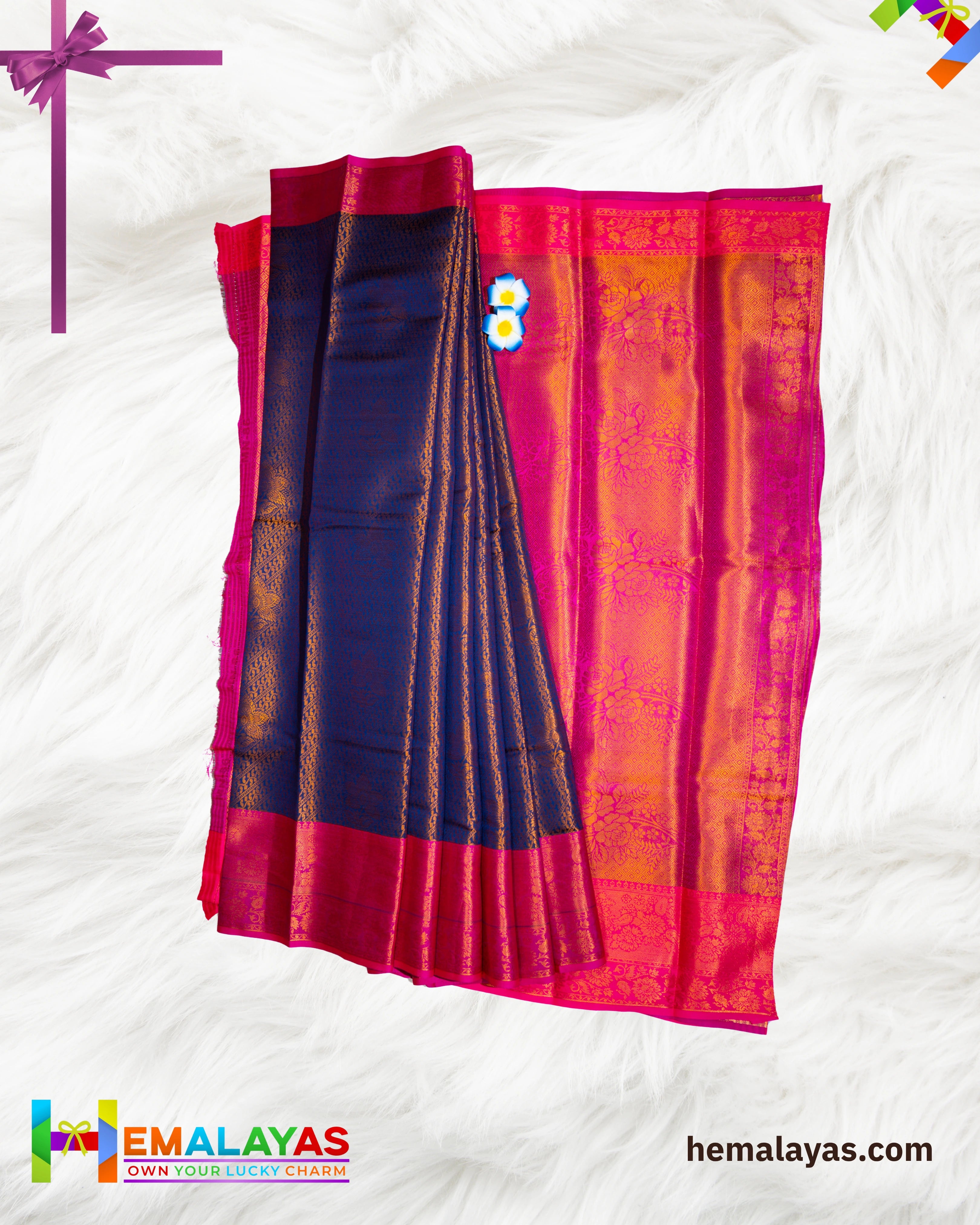Royal Blue and Bright Pink Kanchi Mix Bridal Tissue Saree