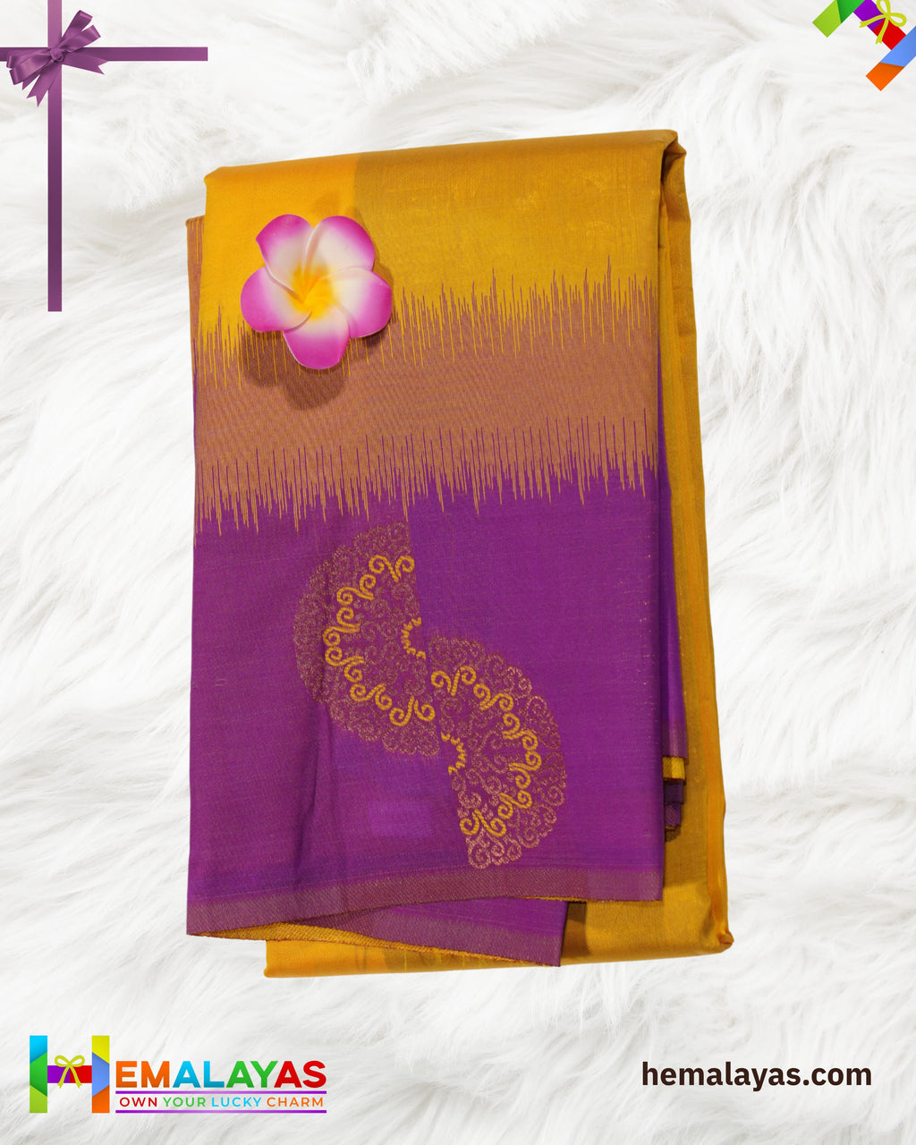 Mustard Yellow & Royal Purple Kanchipuram Semi-Silk Saree with Meena Work