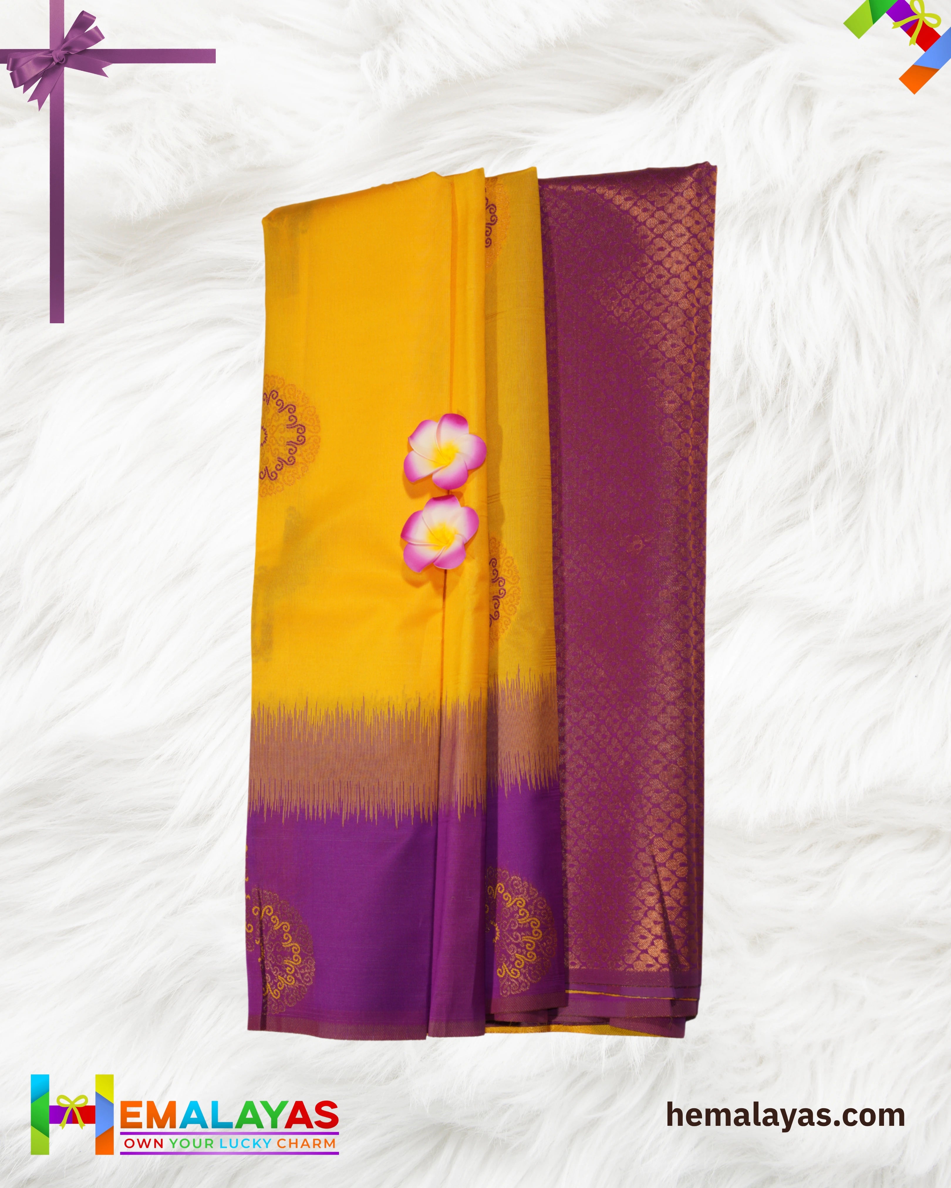 Mustard Yellow & Royal Purple Kanchipuram Semi-Silk Saree with Meena Work