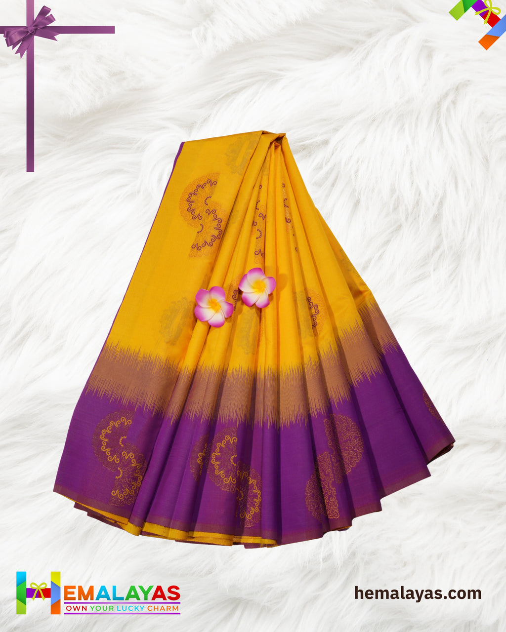 Mustard Yellow & Royal Purple Kanchipuram Semi-Silk Saree with Meena Work
