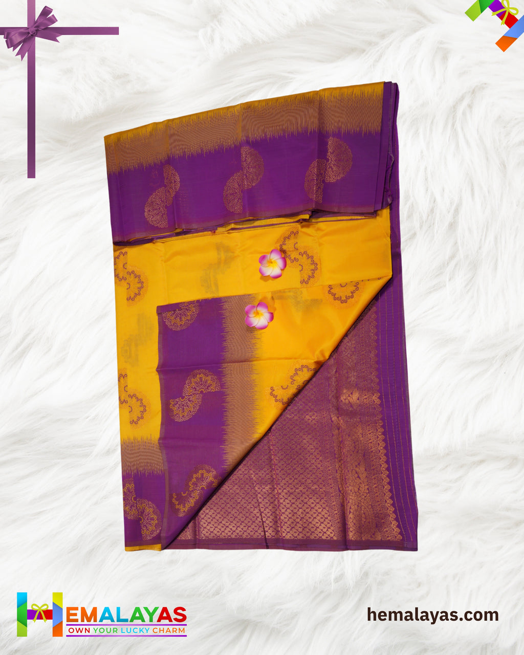Mustard Yellow & Royal Purple Kanchipuram Semi-Silk Saree with Meena Work