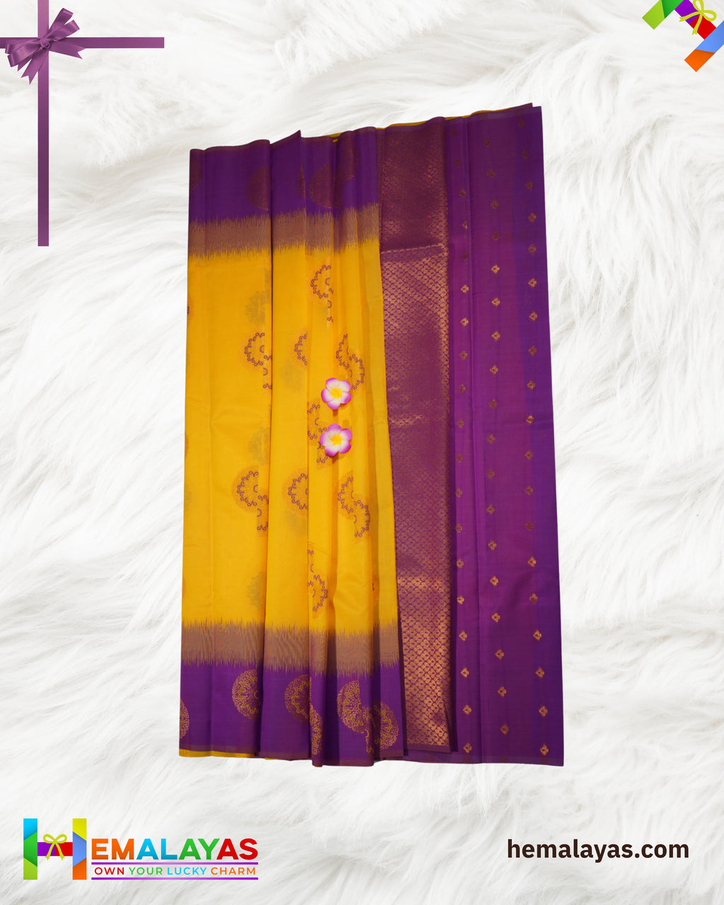 Mustard Yellow & Royal Purple Kanchipuram Semi-Silk Saree with Meena Work