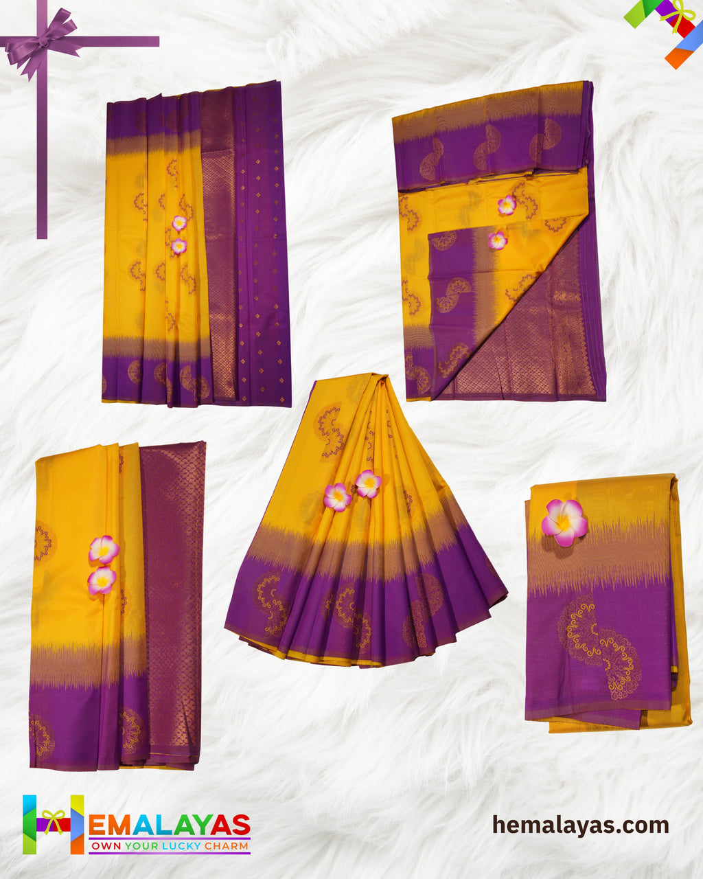Mustard Yellow & Royal Purple Kanchipuram Semi-Silk Saree with Meena Work