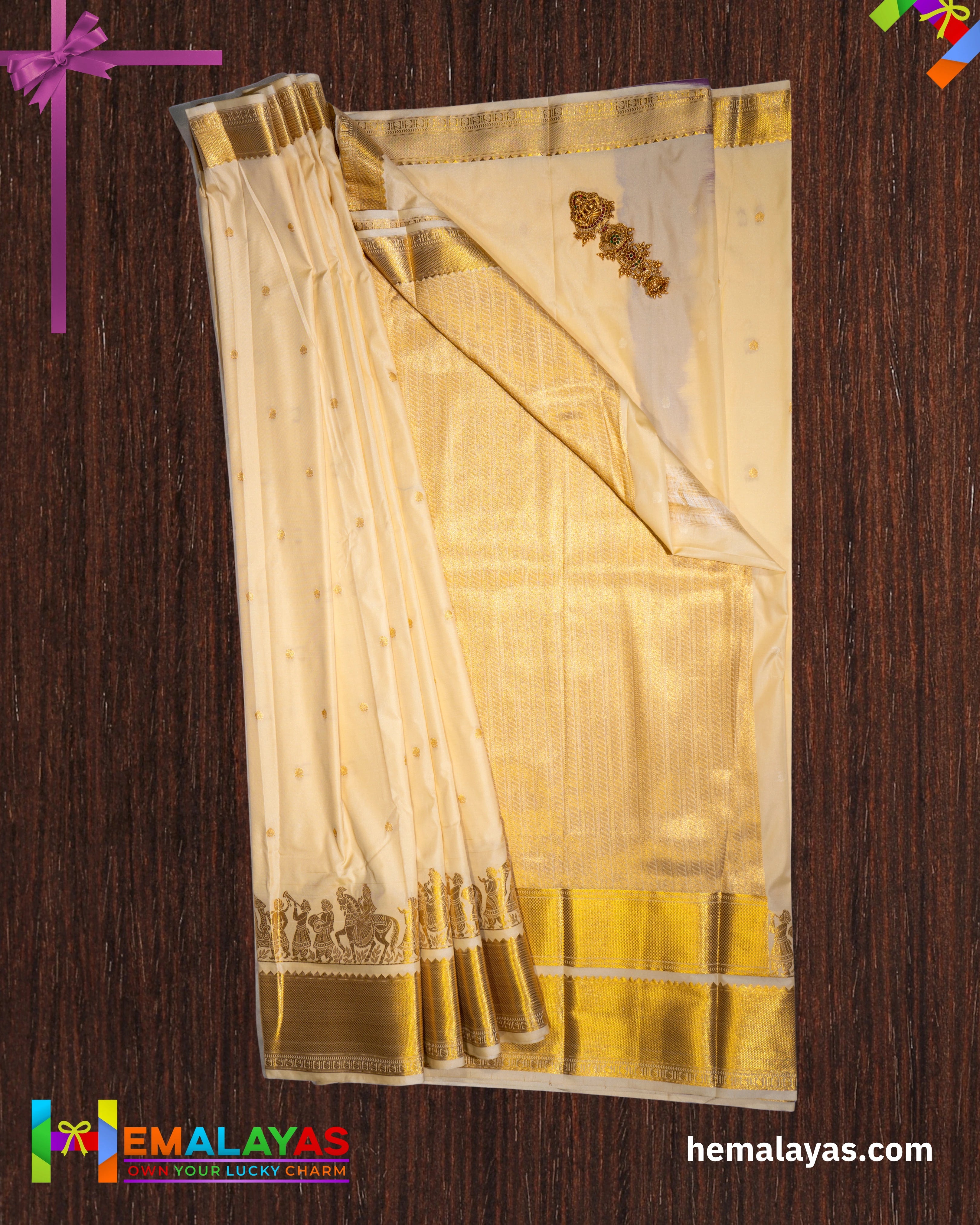 Gold Beige Semi Silk Pallaku Design Saree