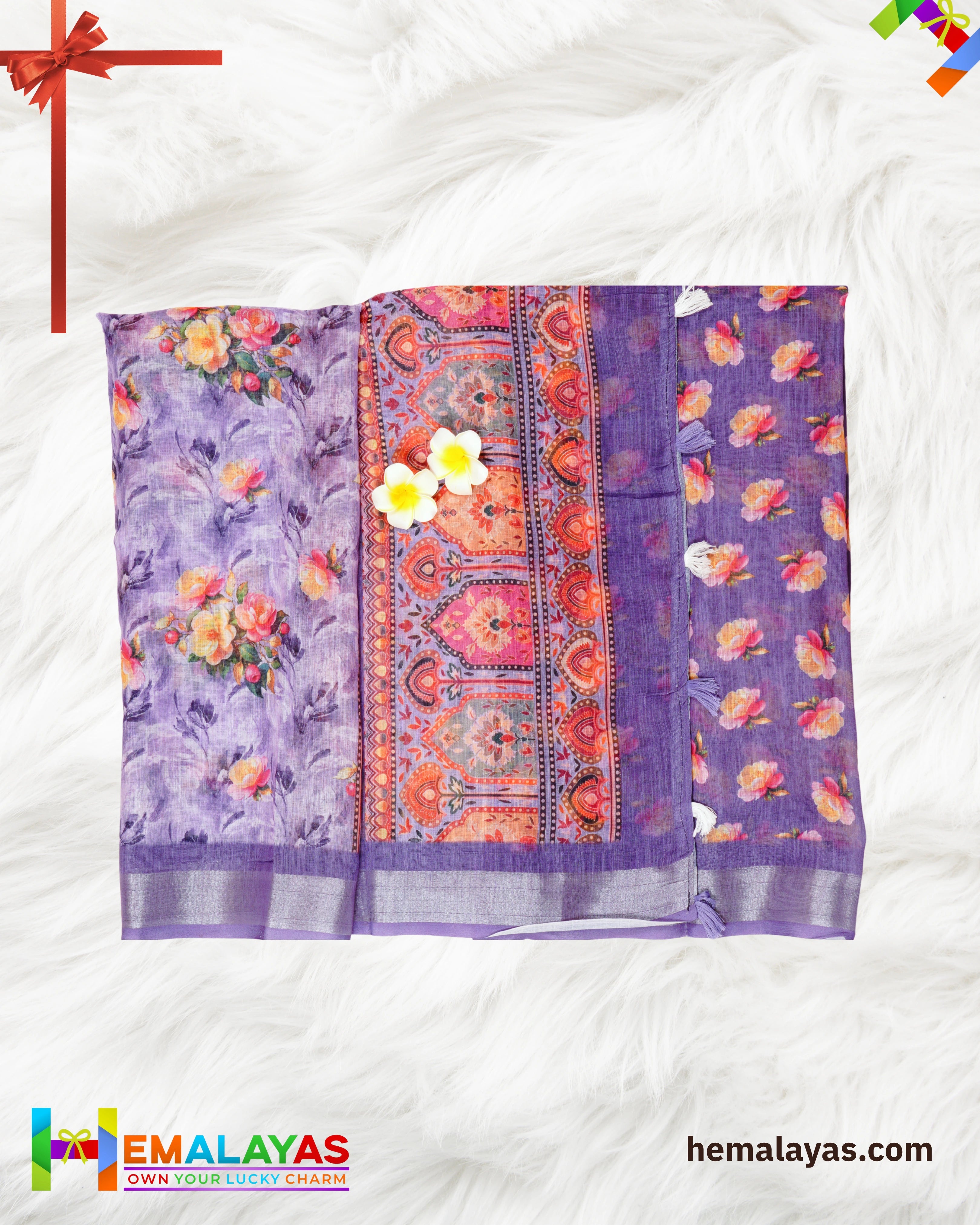 Purple Floral Semi Linen Cotton Saree