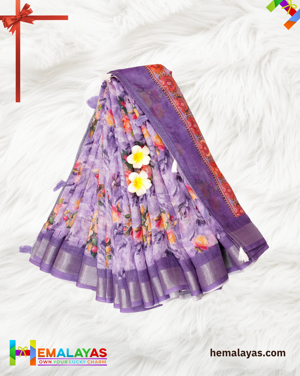 Purple Floral Semi Linen Cotton Saree