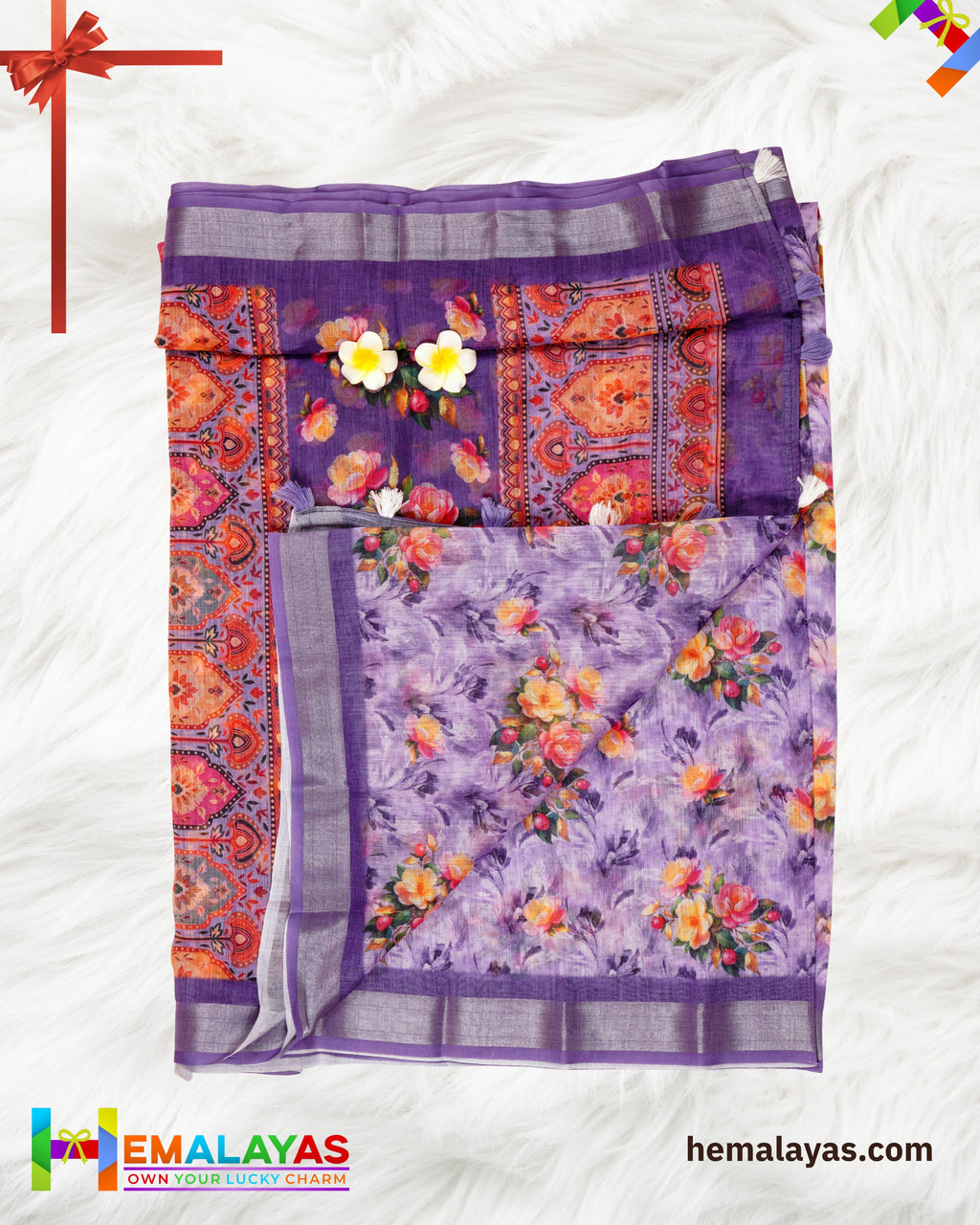 Purple Floral Semi Linen Cotton Saree