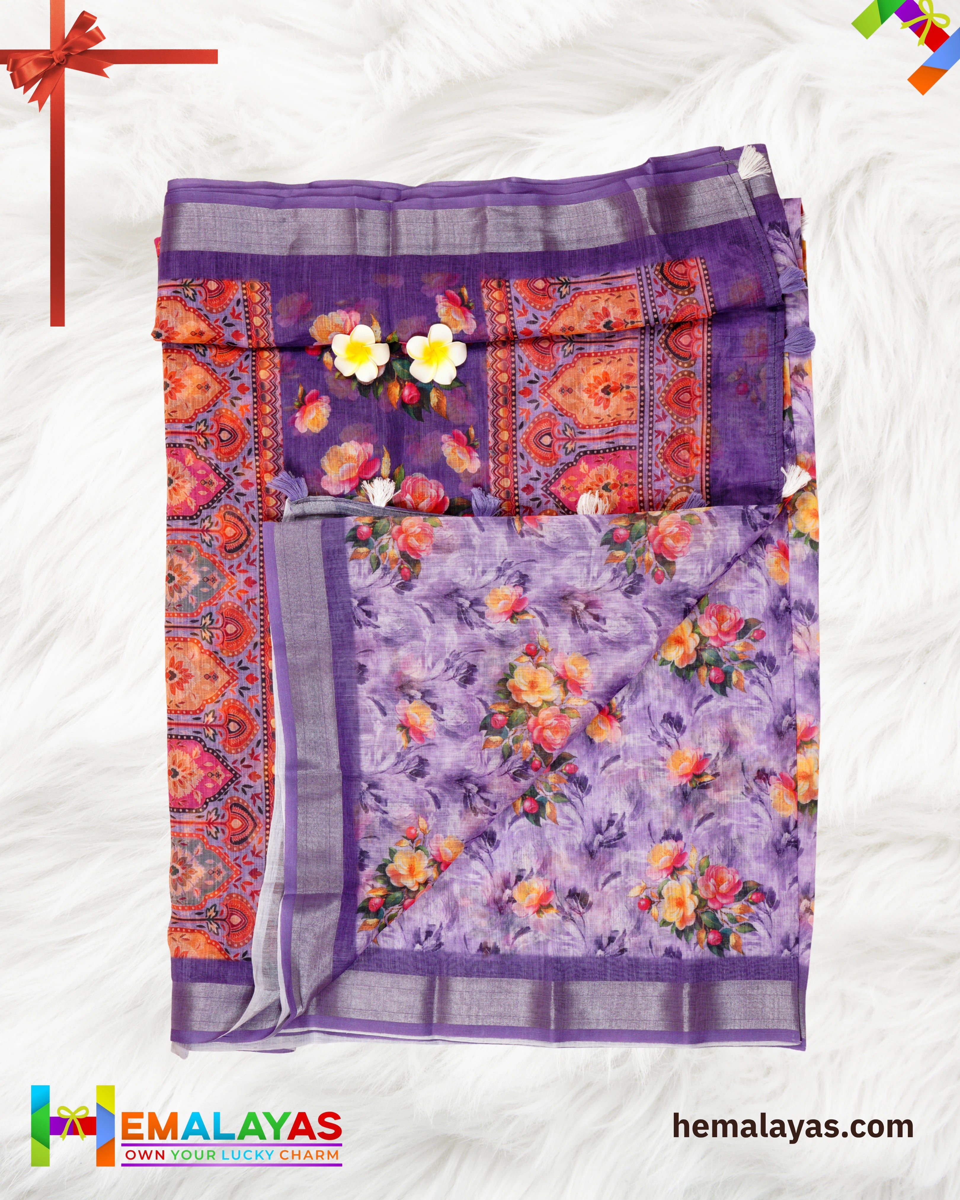 Purple Floral Semi Linen Cotton Saree