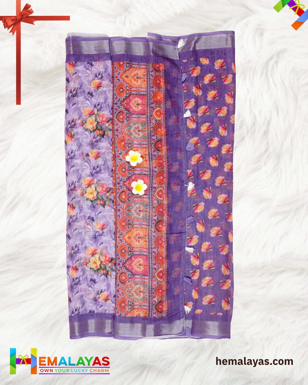 Purple Floral Semi Linen Cotton Saree