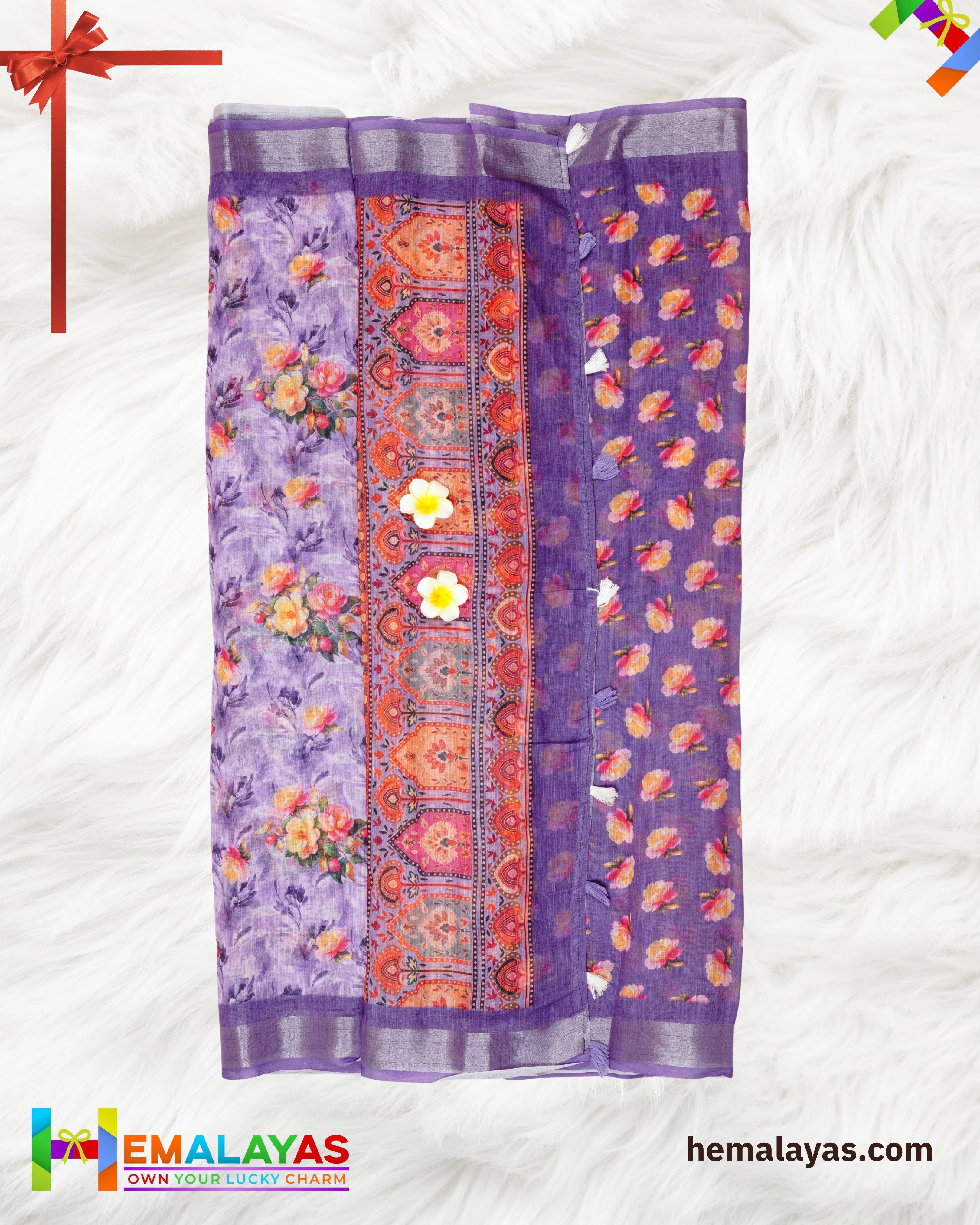Purple Floral Semi Linen Cotton Saree