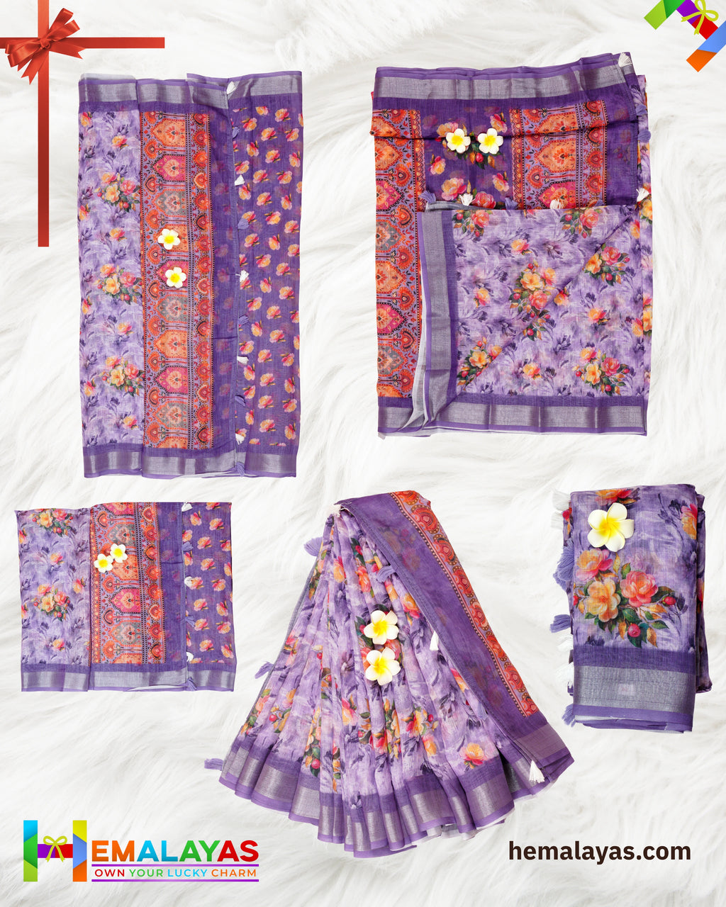 Purple Floral Semi Linen Cotton Saree