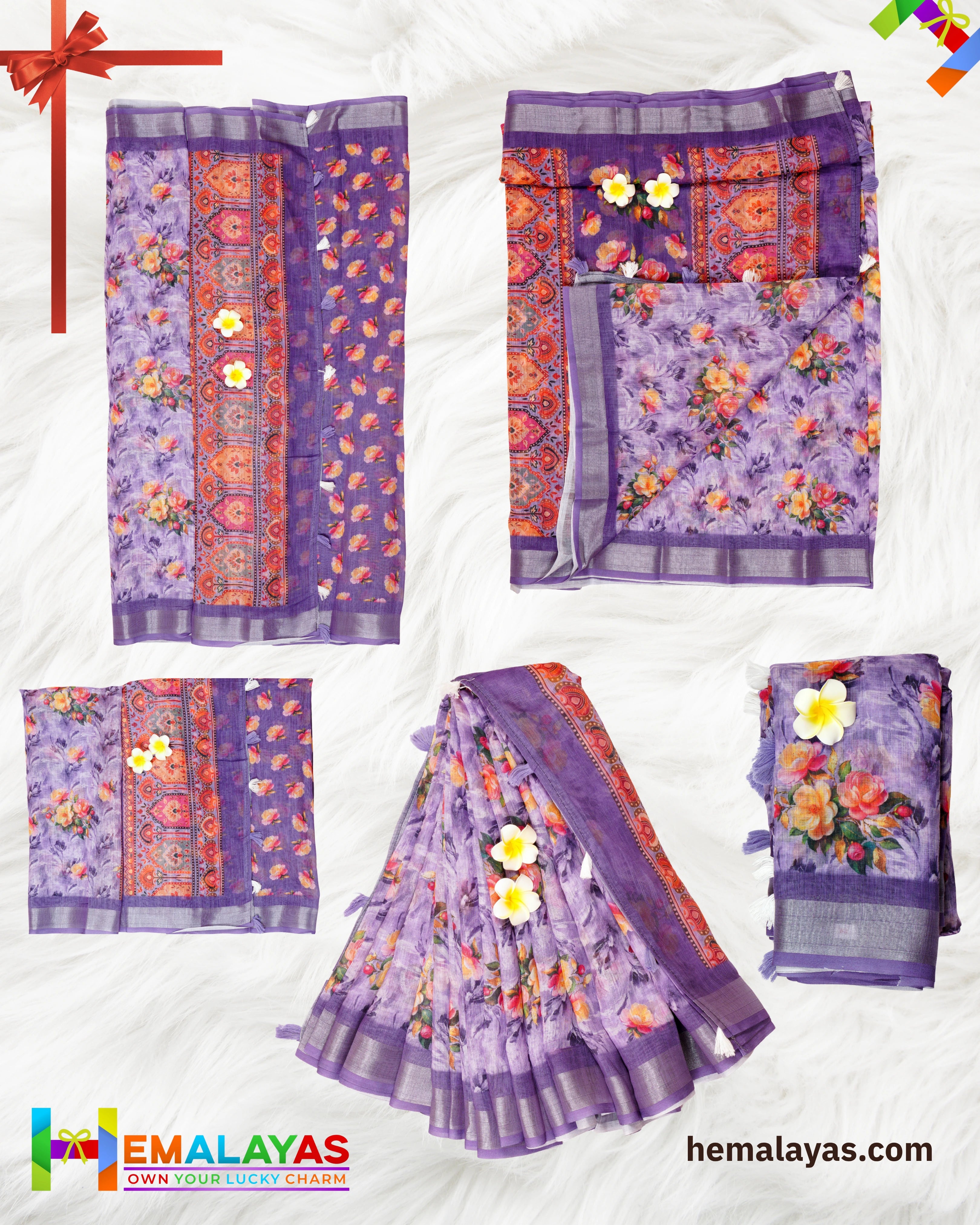 Purple Floral Semi Linen Cotton Saree