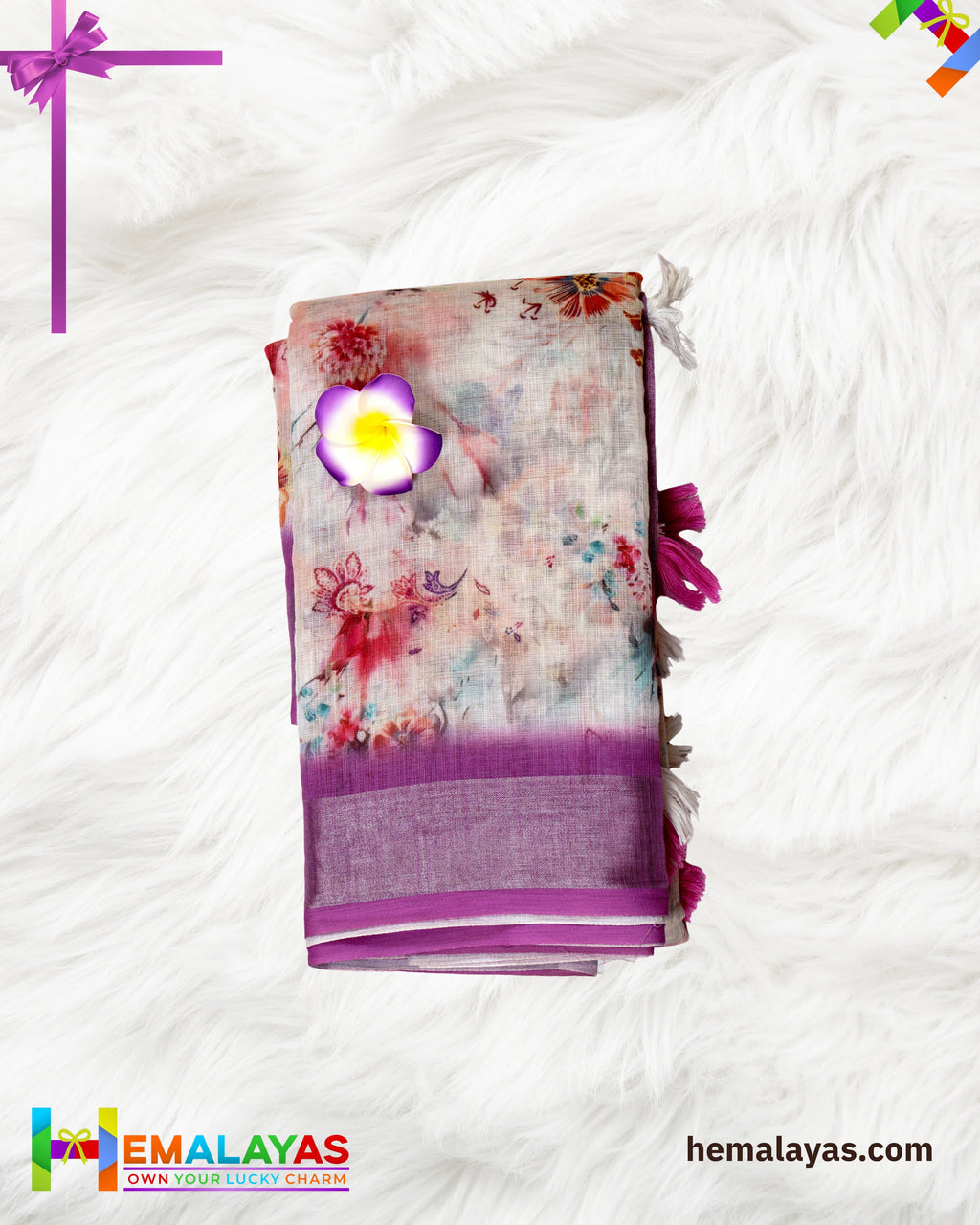 Cream & Pink Floral Semi Linen Cotton Saree