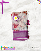 Cream & Pink Floral Semi Linen Cotton Saree