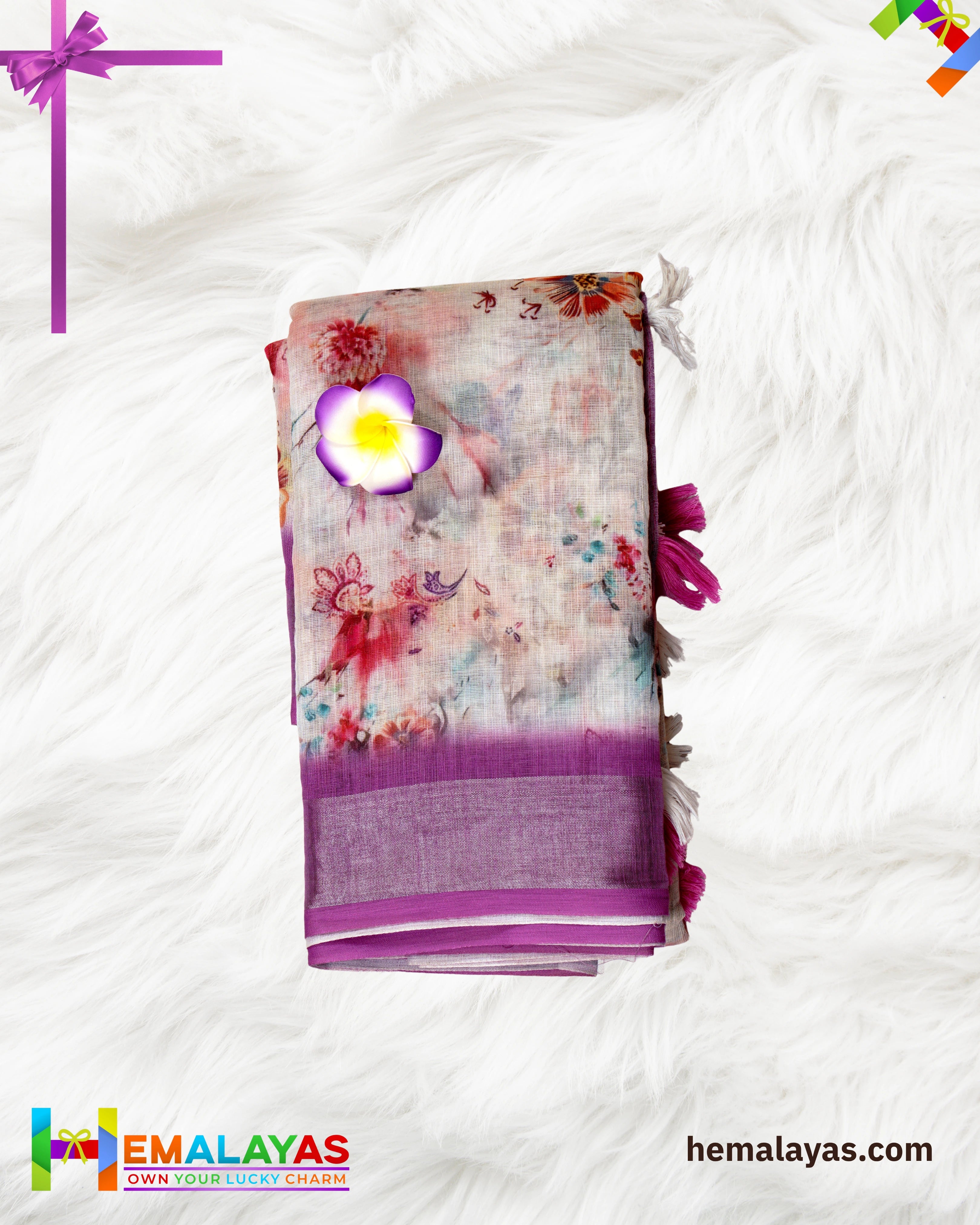 Cream & Pink Floral Semi Linen Cotton Saree