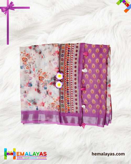 Cream & Pink Floral Semi Linen Cotton Saree