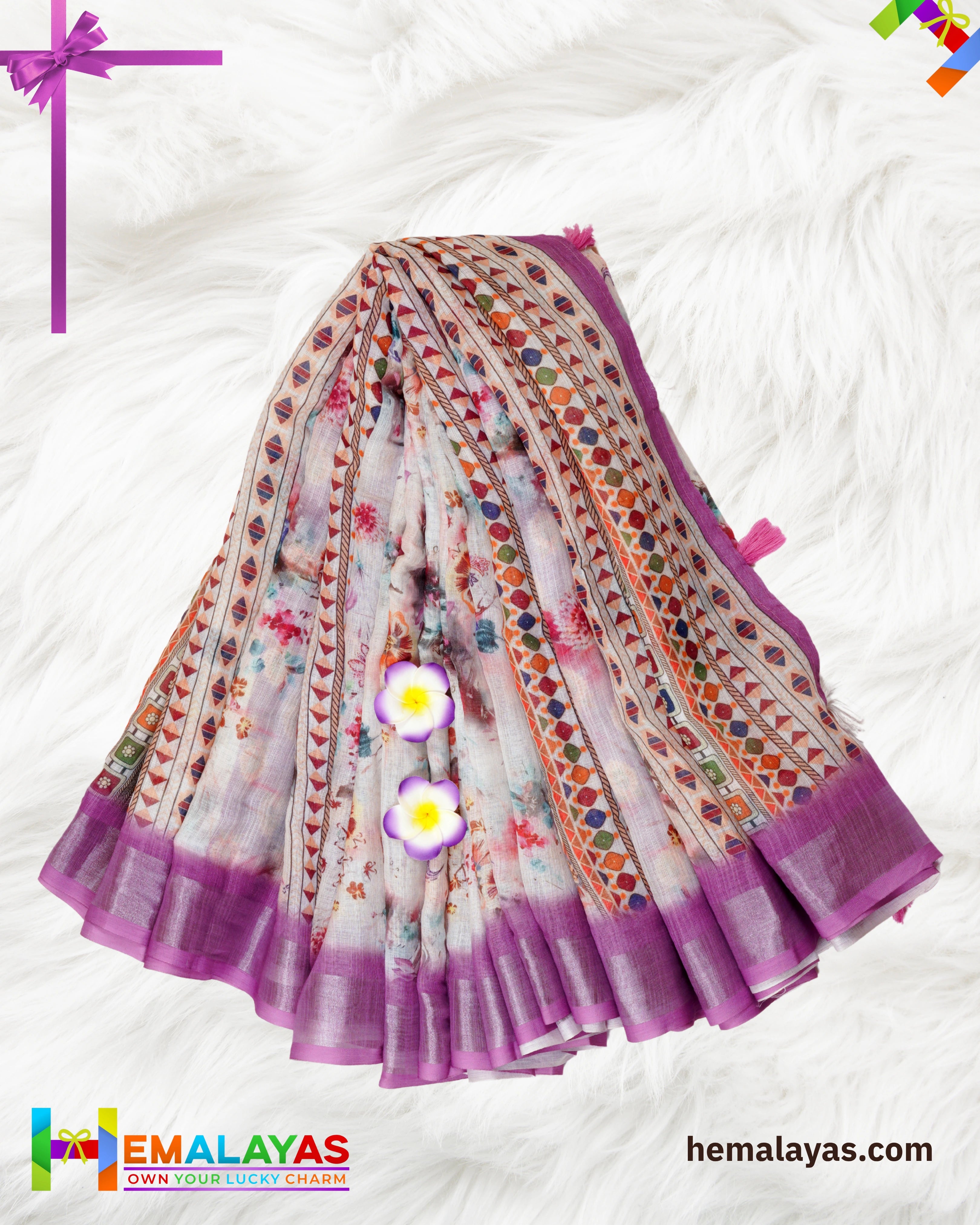 Cream & Pink Floral Semi Linen Cotton Saree