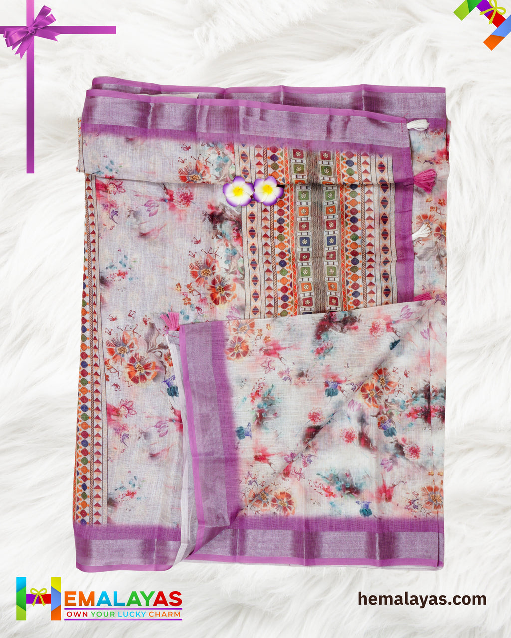 Cream & Pink Floral Semi Linen Cotton Saree
