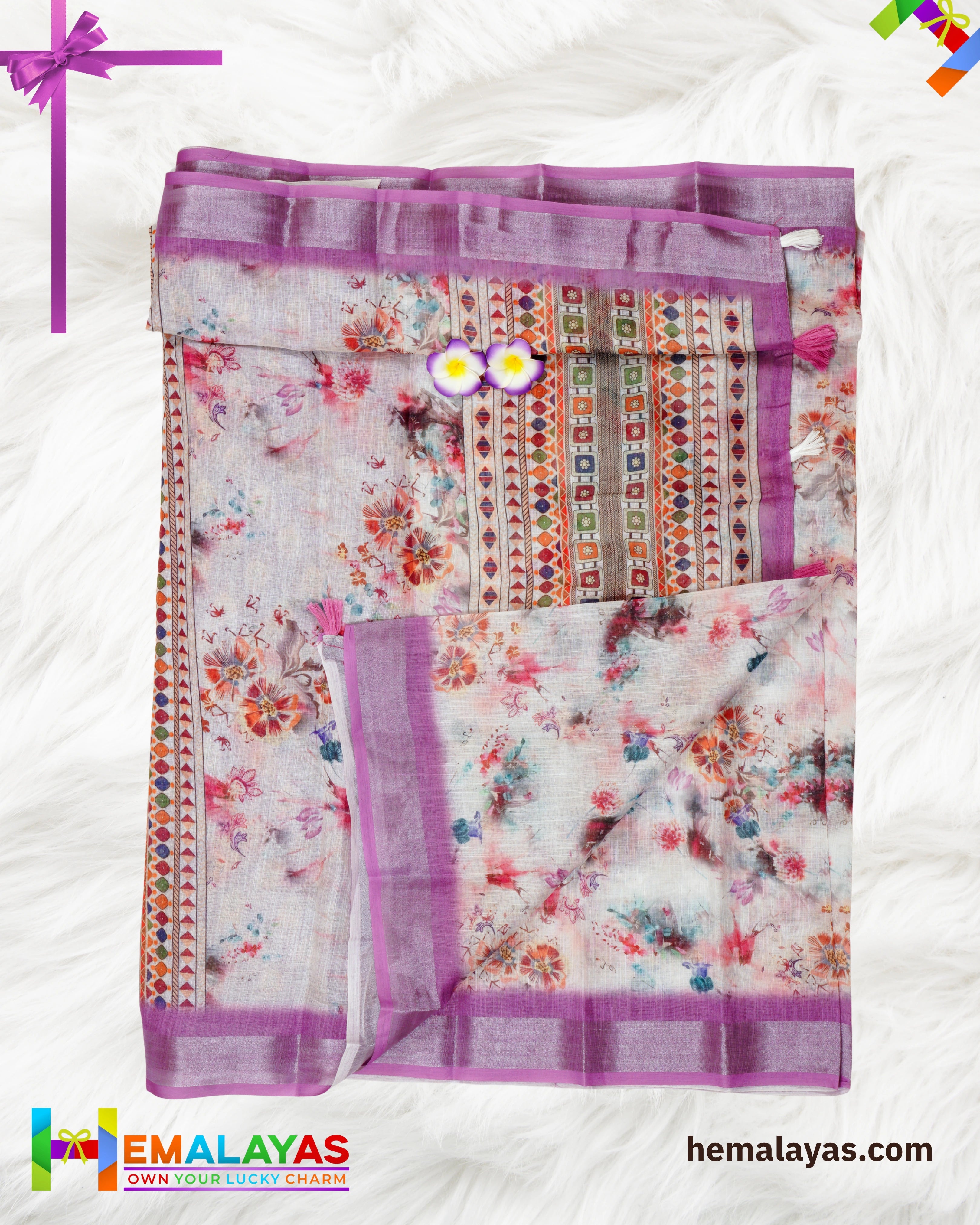 Cream & Pink Floral Semi Linen Cotton Saree