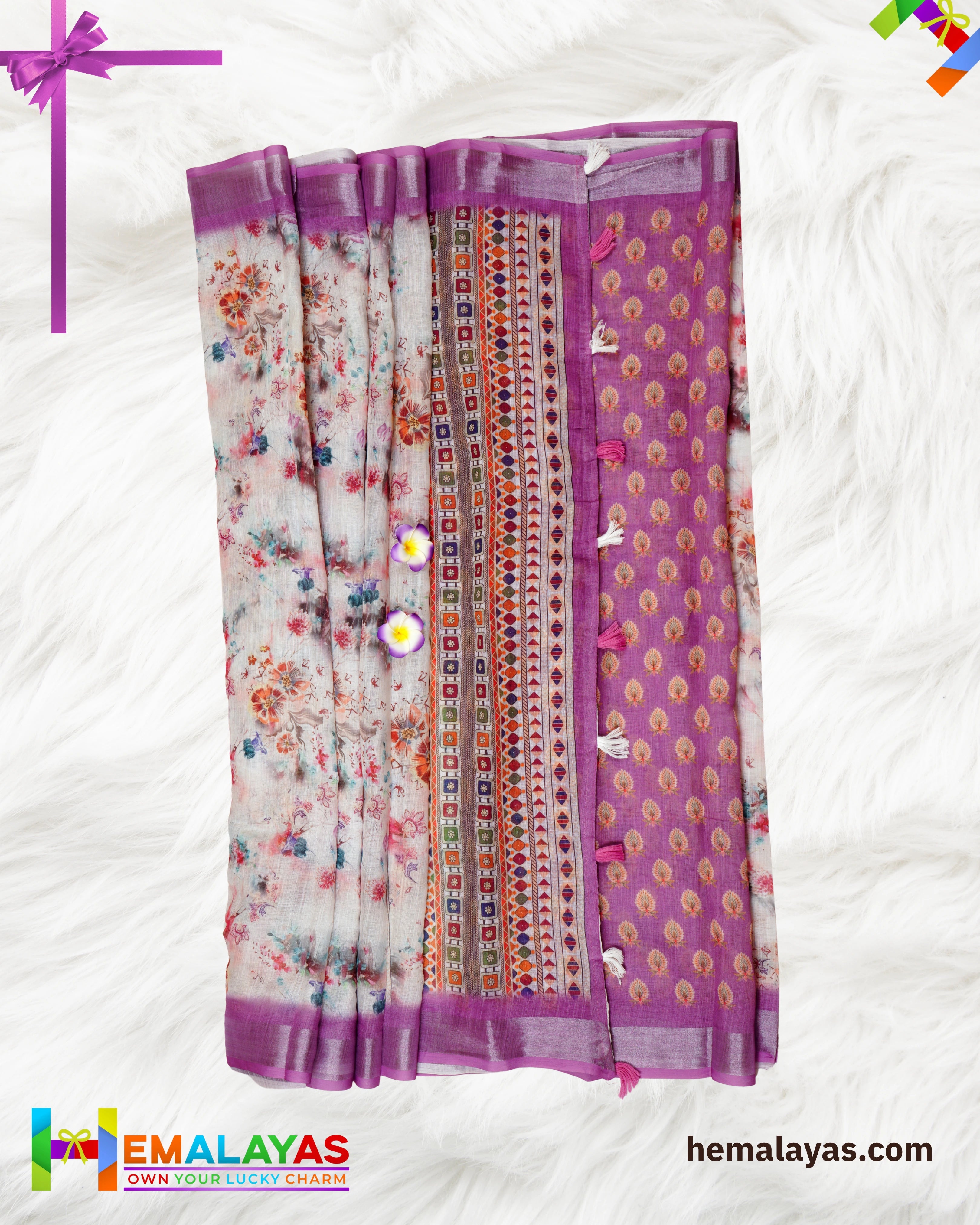 Cream & Pink Floral Semi Linen Cotton Saree