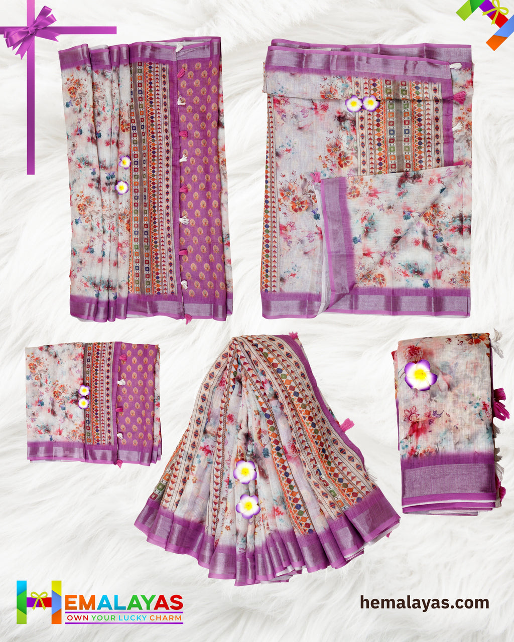 Cream & Pink Floral Semi Linen Cotton Saree