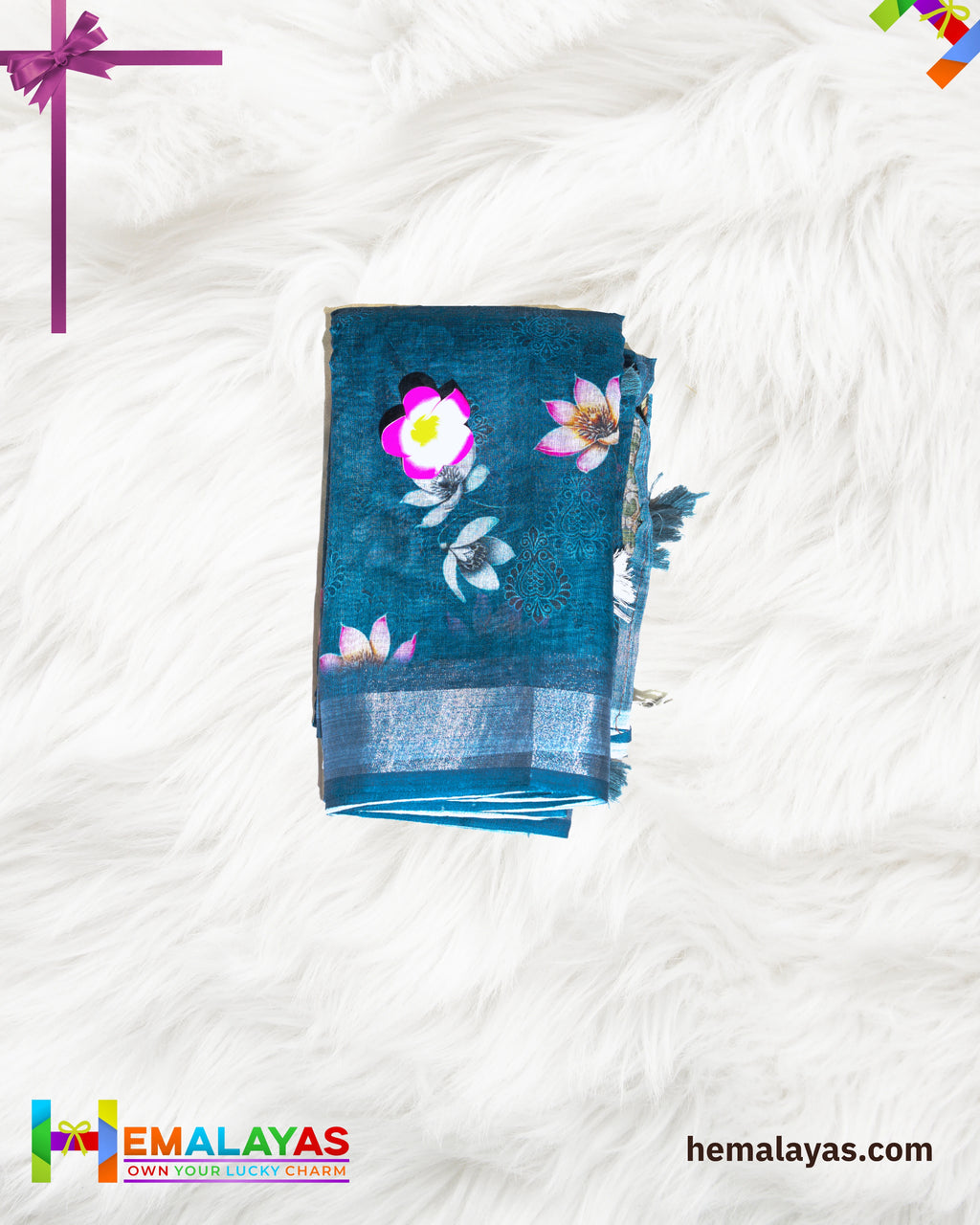Teal Blue Printed Semi Linen Cotton Saree