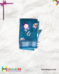 Teal Blue Printed Semi Linen Cotton Saree