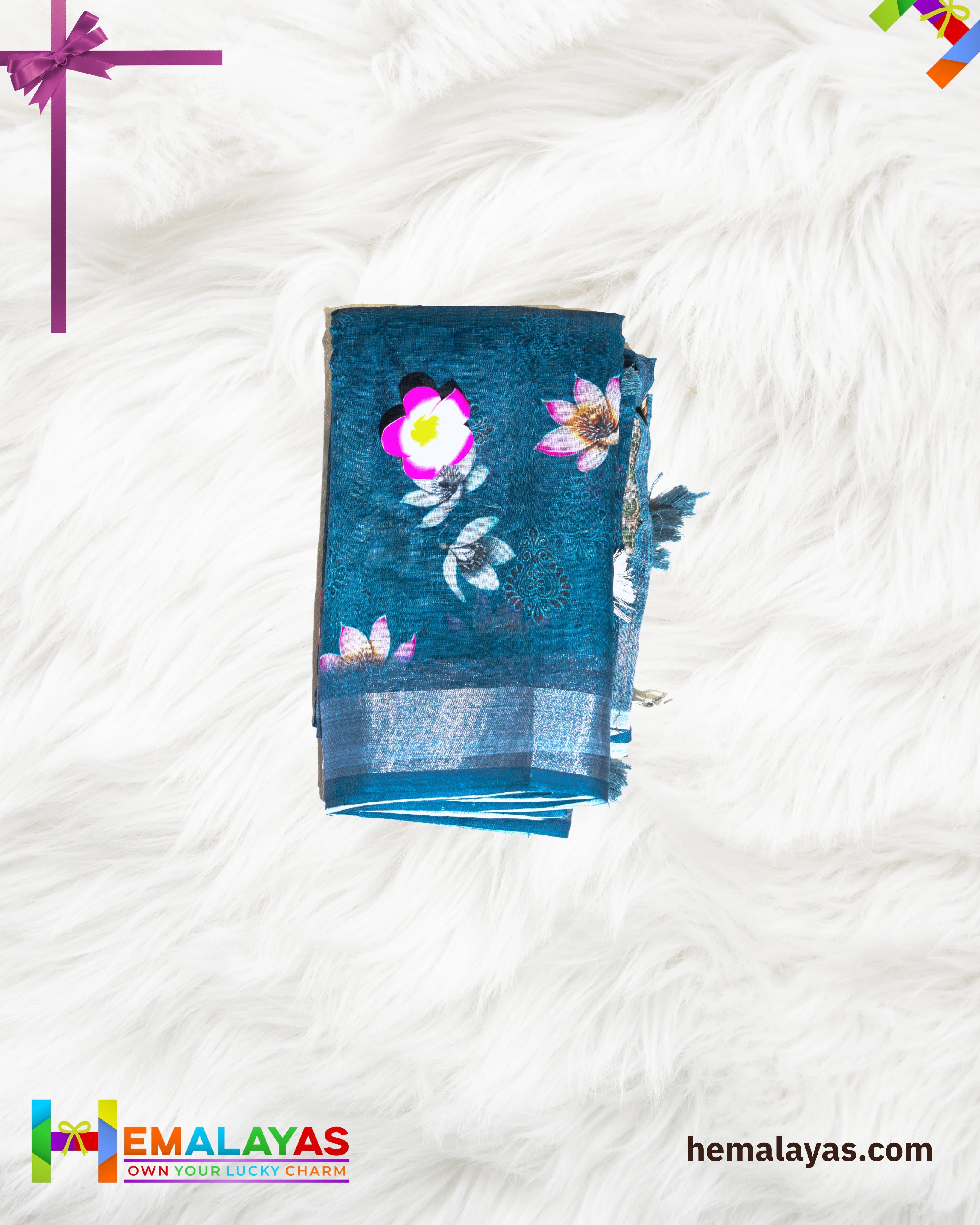 Teal Blue Printed Semi Linen Cotton Saree