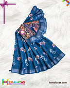 Teal Blue Printed Semi Linen Cotton Saree