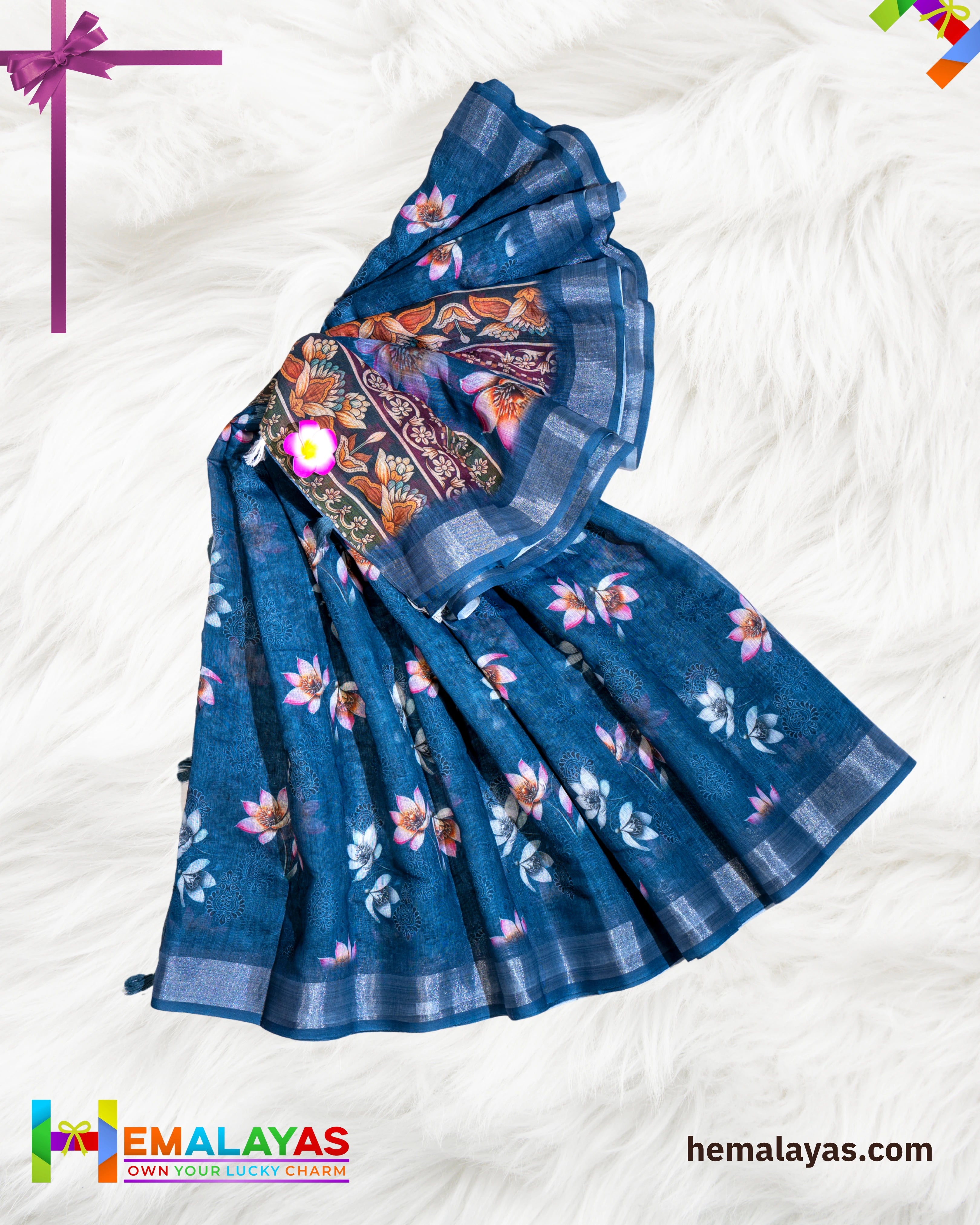 Teal Blue Printed Semi Linen Cotton Saree