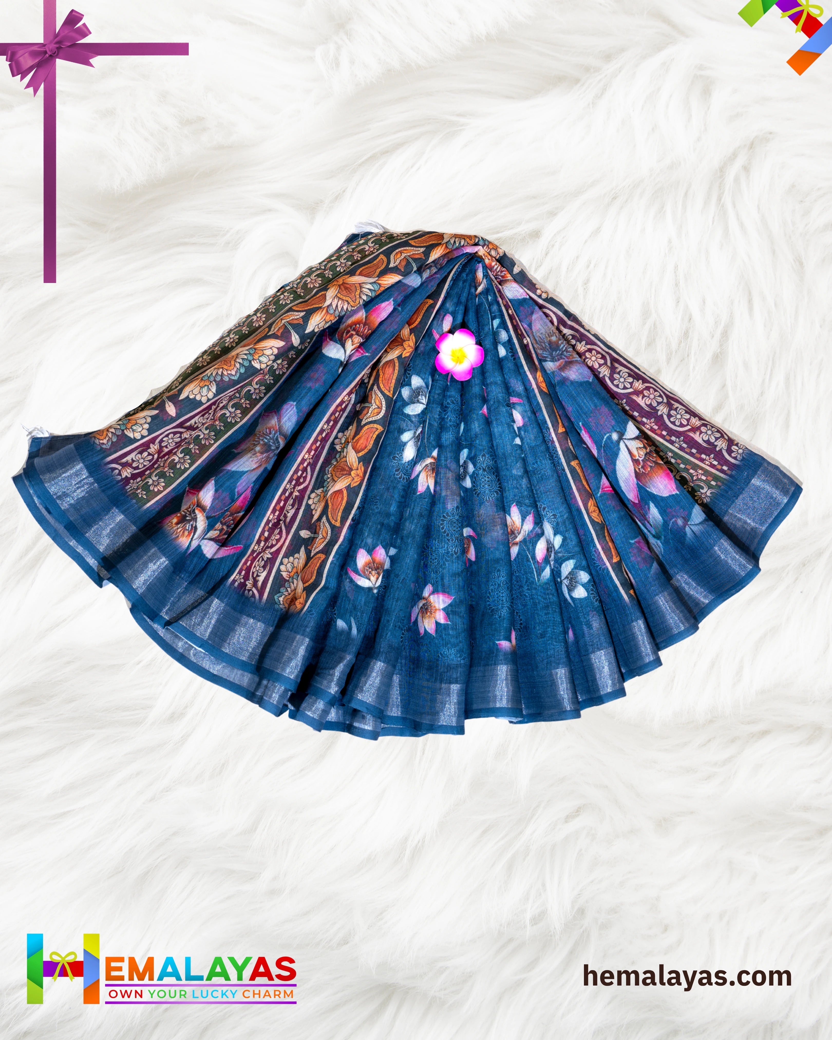 Teal Blue Printed Semi Linen Cotton Saree