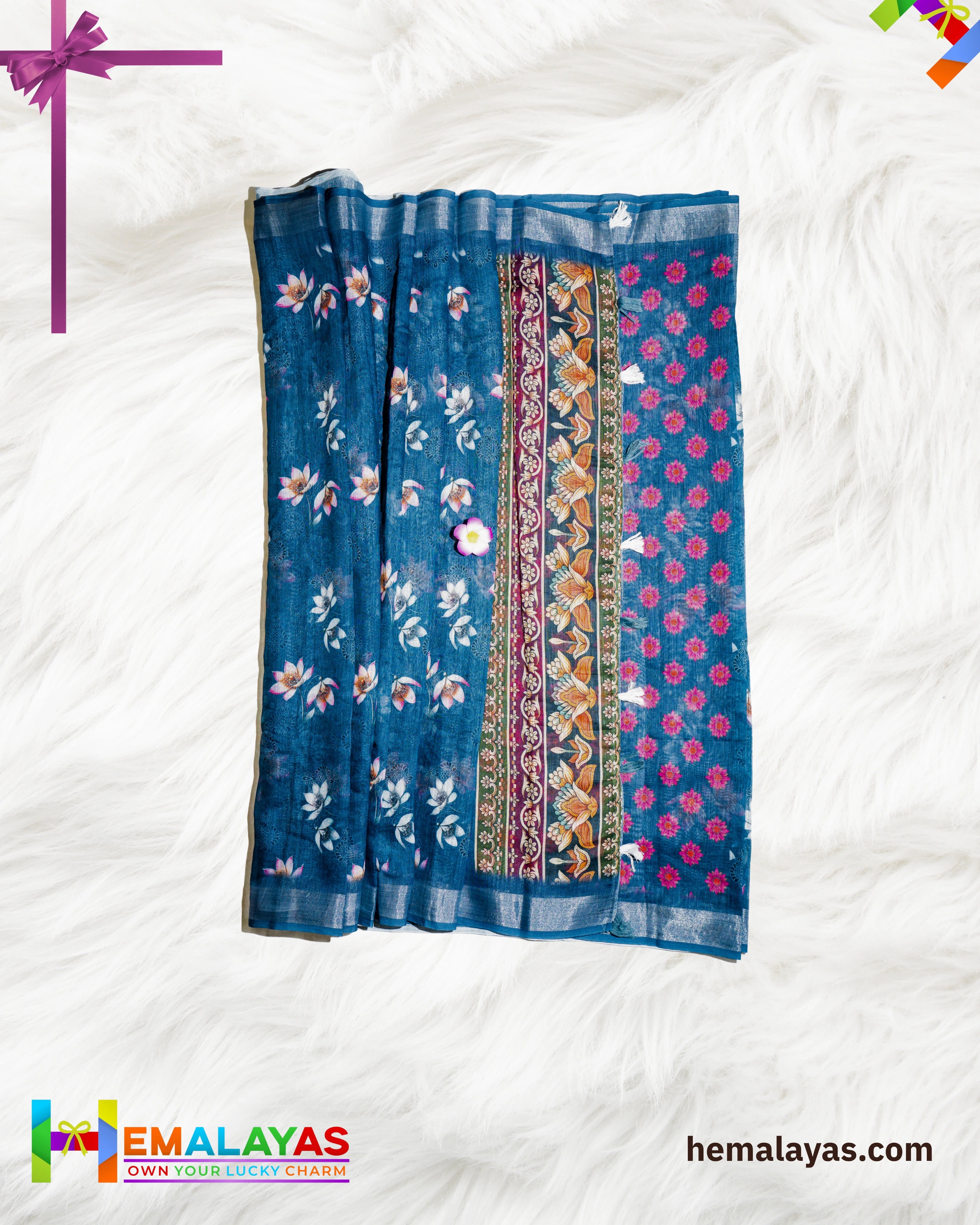 Teal Blue Printed Semi Linen Cotton Saree