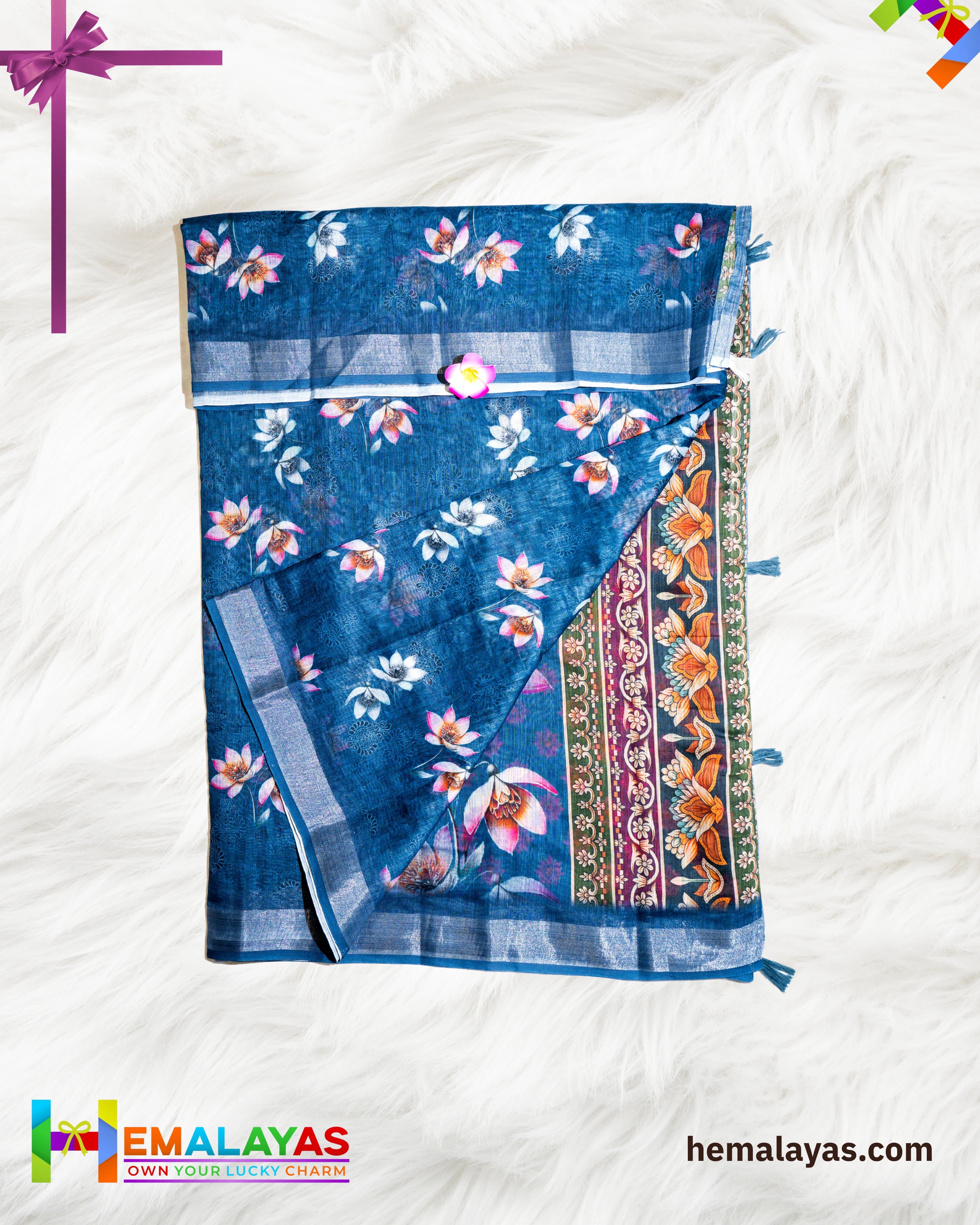 Teal Blue Printed Semi Linen Cotton Saree